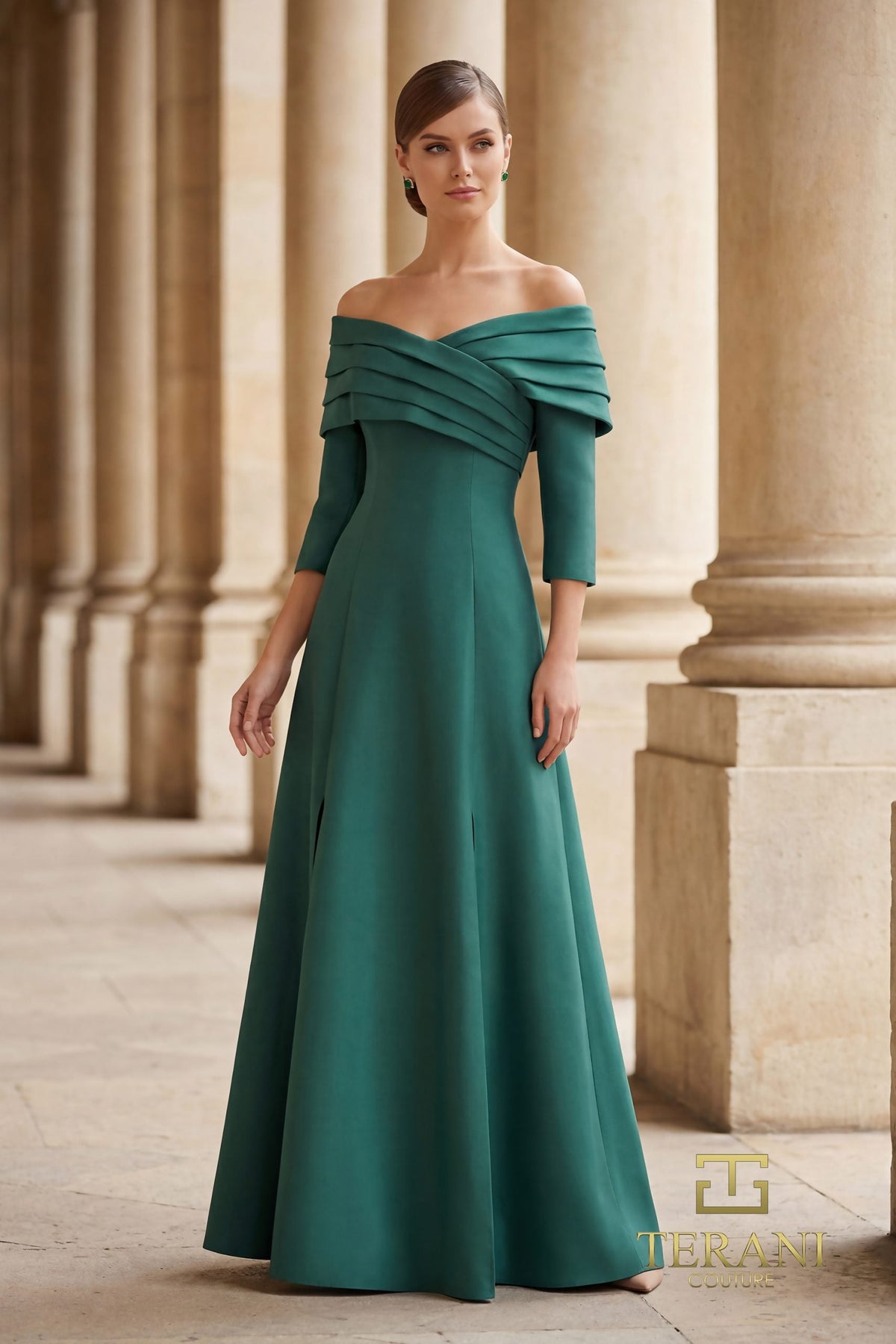 Terani Couture 261M6434 Three-Quarter Sleeve Pleated A-Line Dress