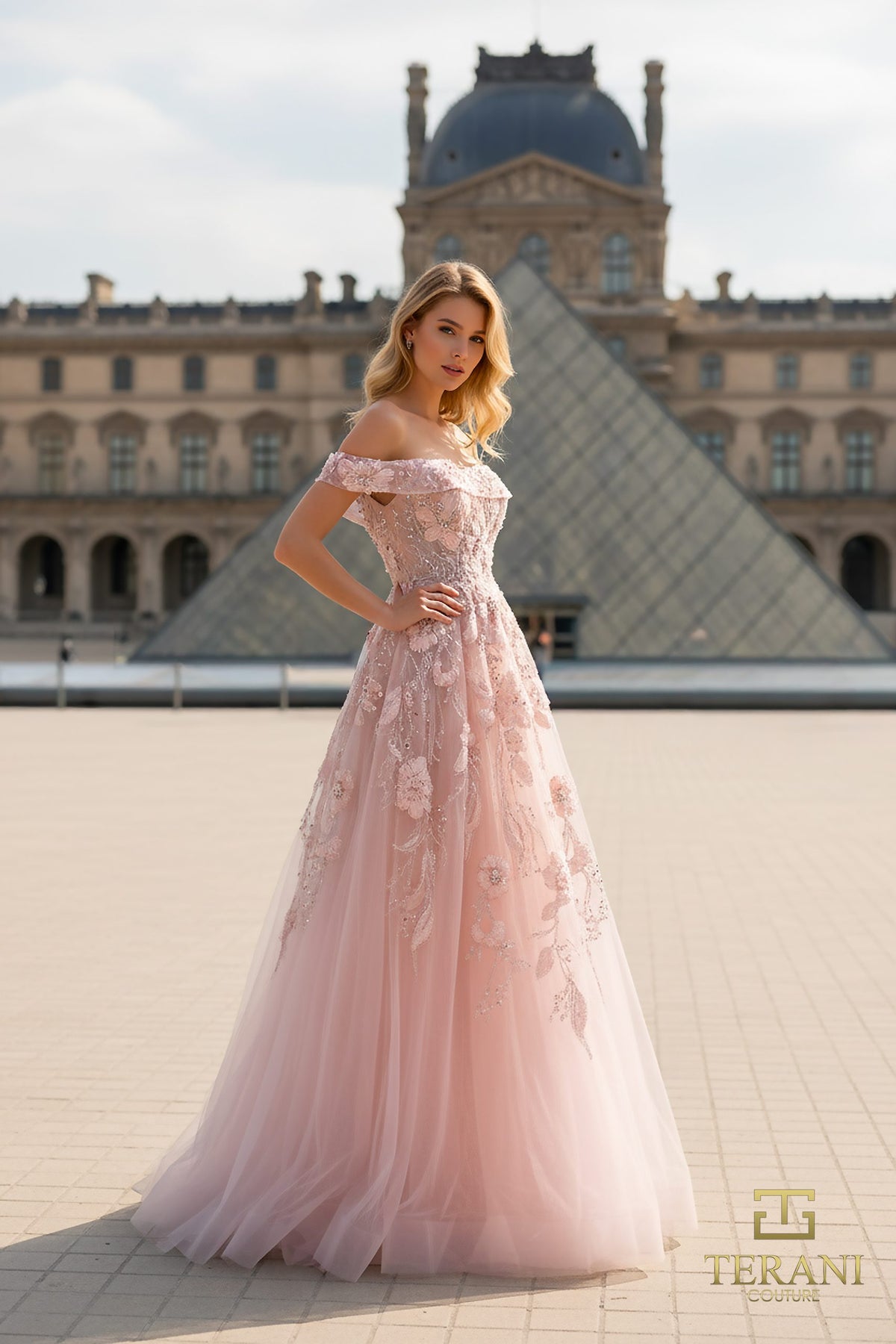 Terani Couture 261M6435 - Off-Shoulder Beaded Floral Tulle Dress
