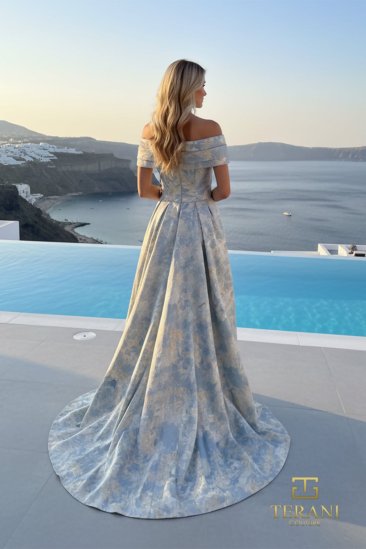 Terani Couture 261M6444 - Off Shoulder Metallic Brocade Gown In Blue