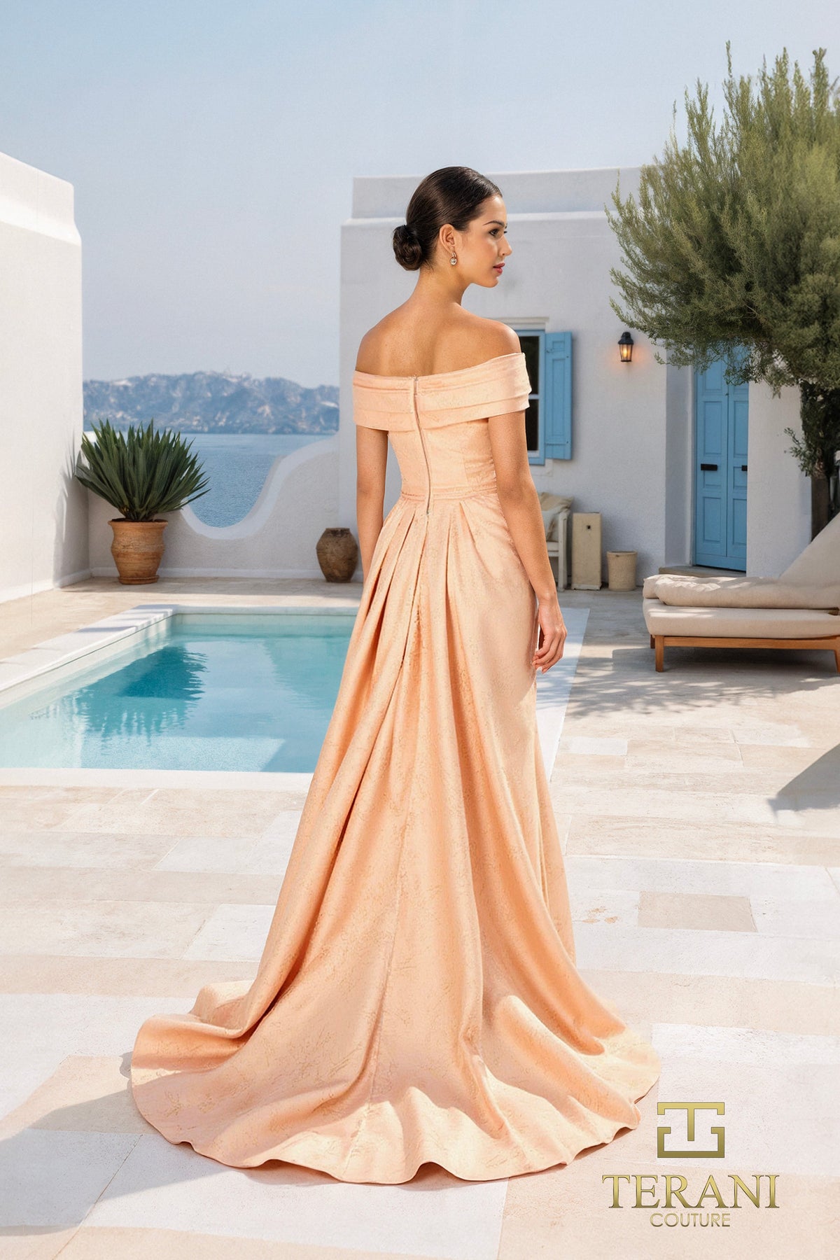 Terani Couture 261M6444 - Off Shoulder Metallic Brocade Gown In Pink and Gold