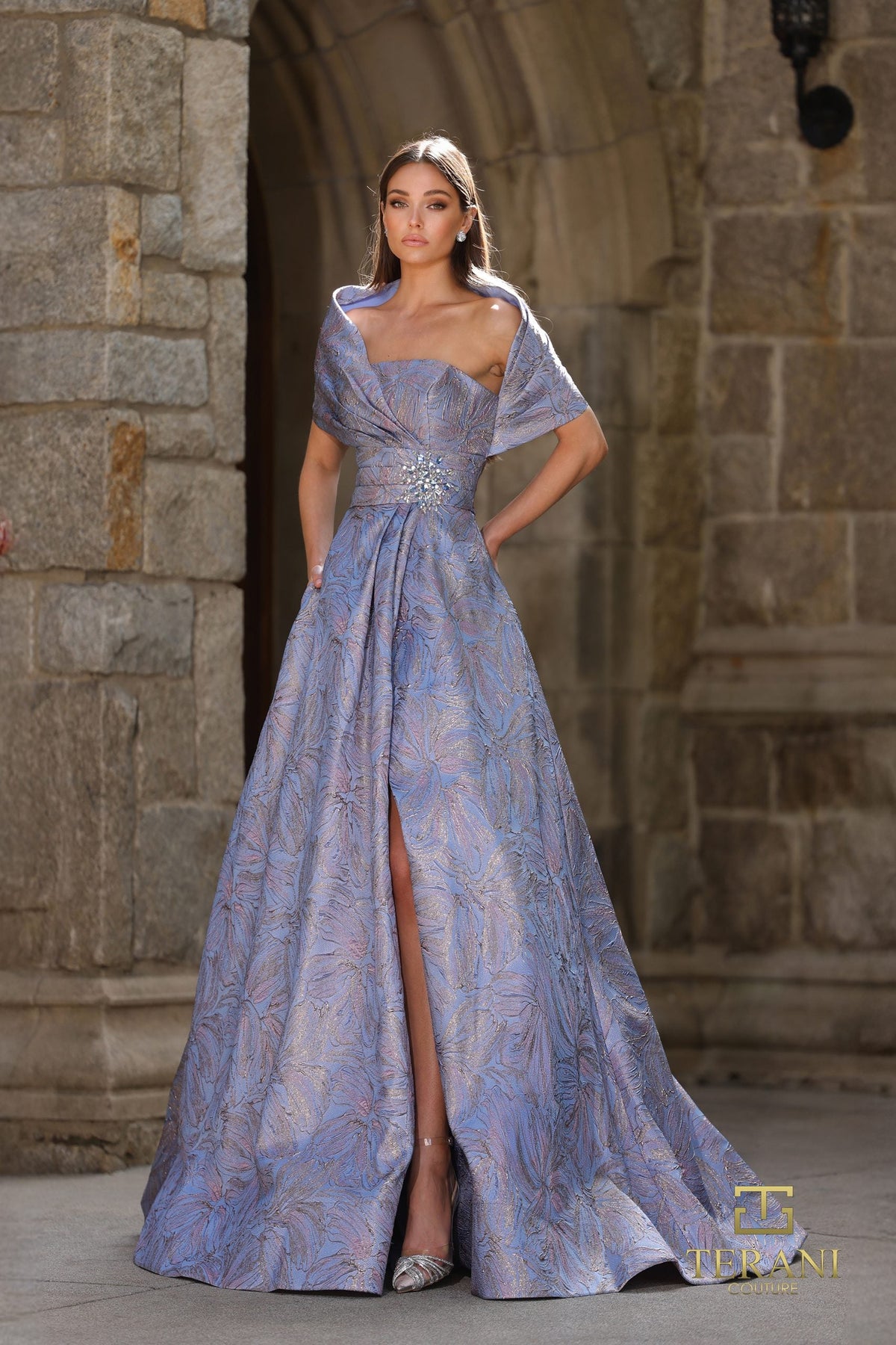 Terani Couture 261M6453 Off Shoulder Jacquard Gown with Beaded Brooch