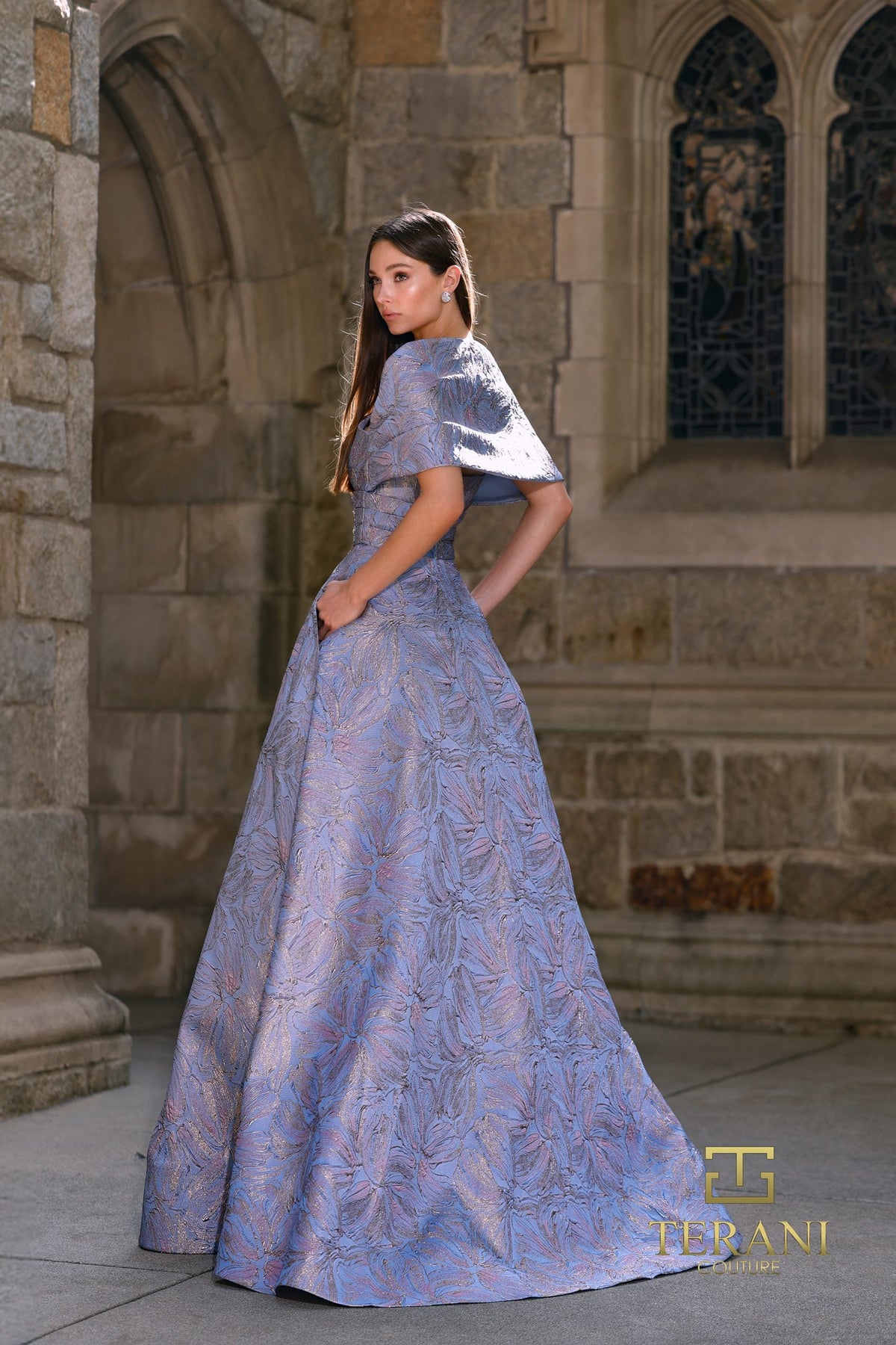 Terani Couture 261M6453 Off Shoulder Jacquard Gown with Beaded Brooch