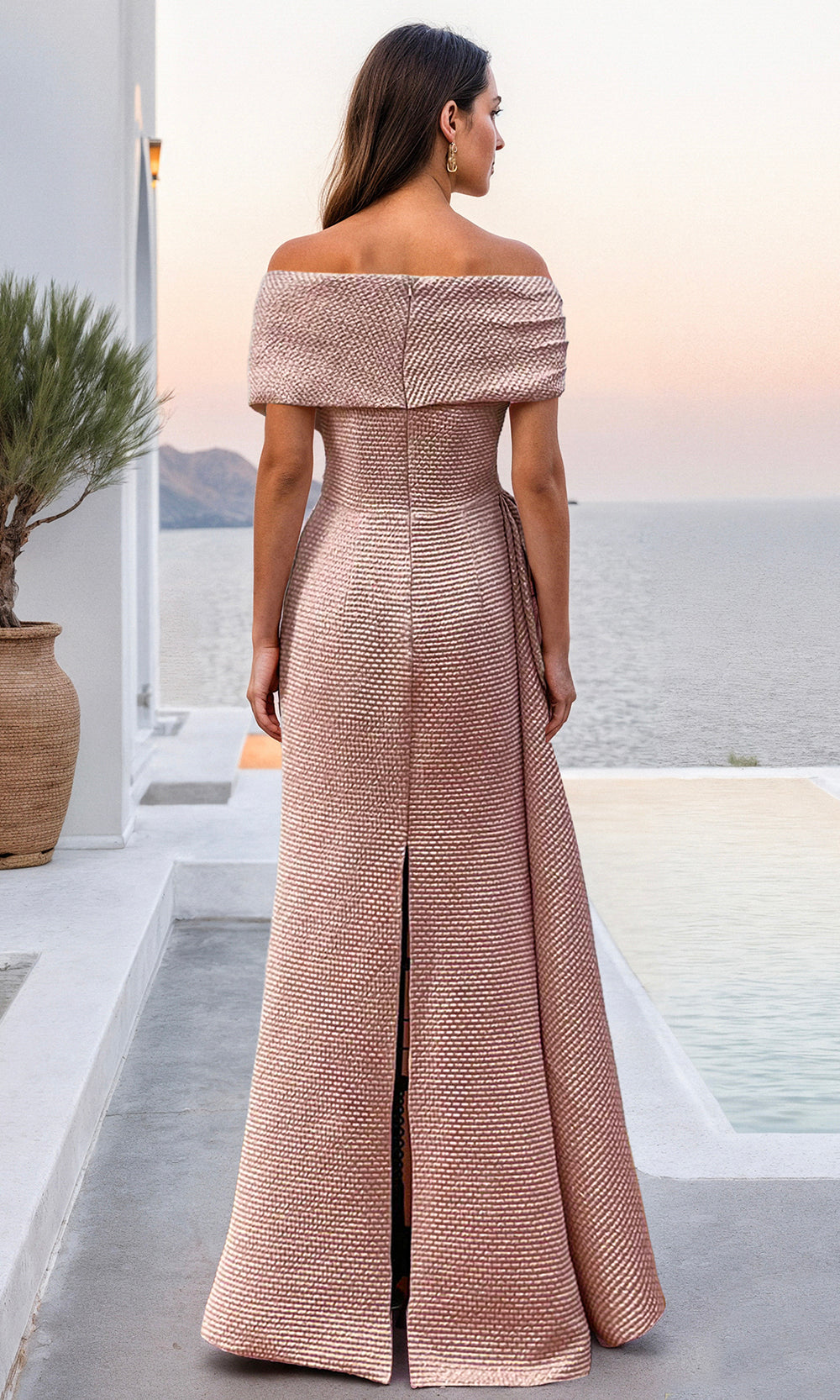 Terani Couture 261M6679 - Cape Sleeve Jacquard Evening Gown with Slit In Rose Gold