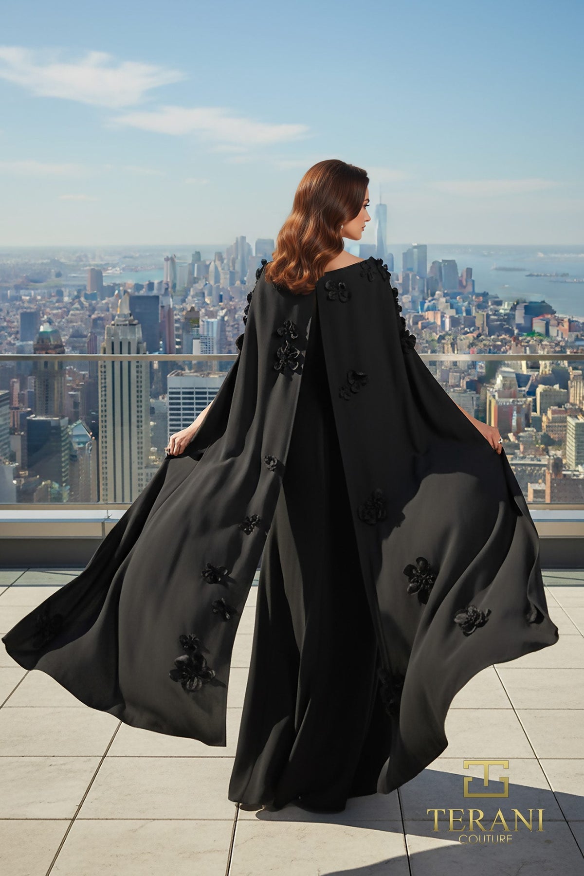 Terani Couture 261M6687 3D Floral Applique Cape Evening Dress
