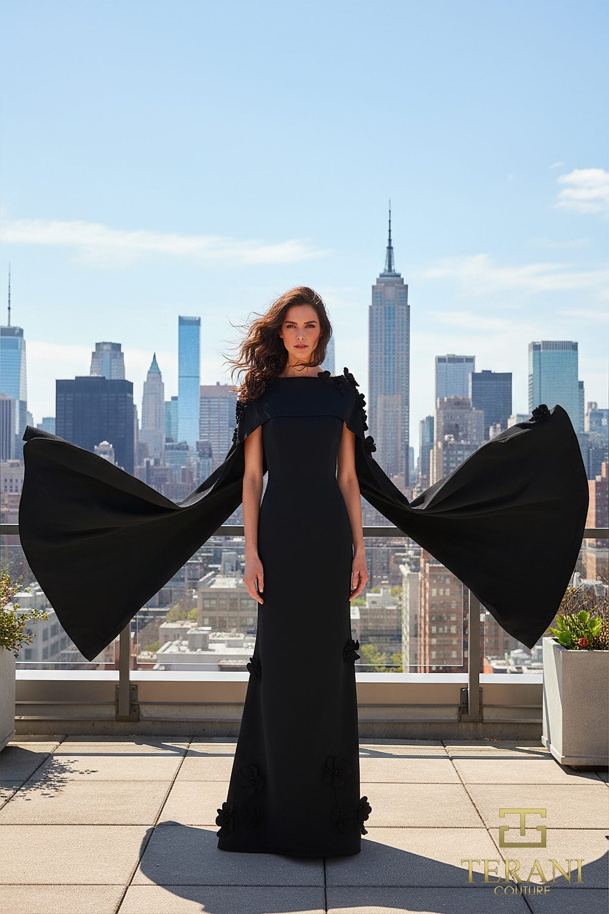 Terani Couture 261M6687 3D Floral Applique Cape Evening Dress