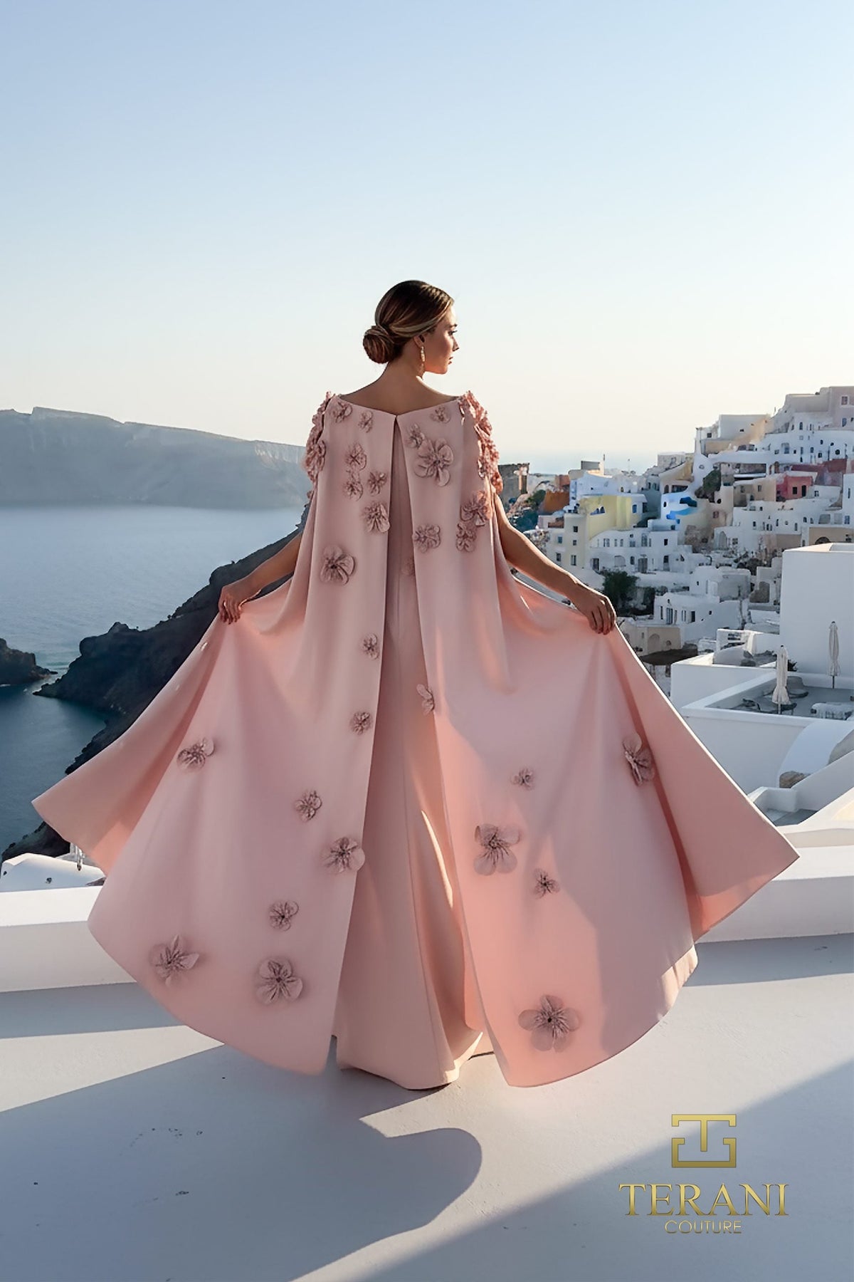 Terani Couture 261M6687 3D Floral Applique Cape Evening Dress