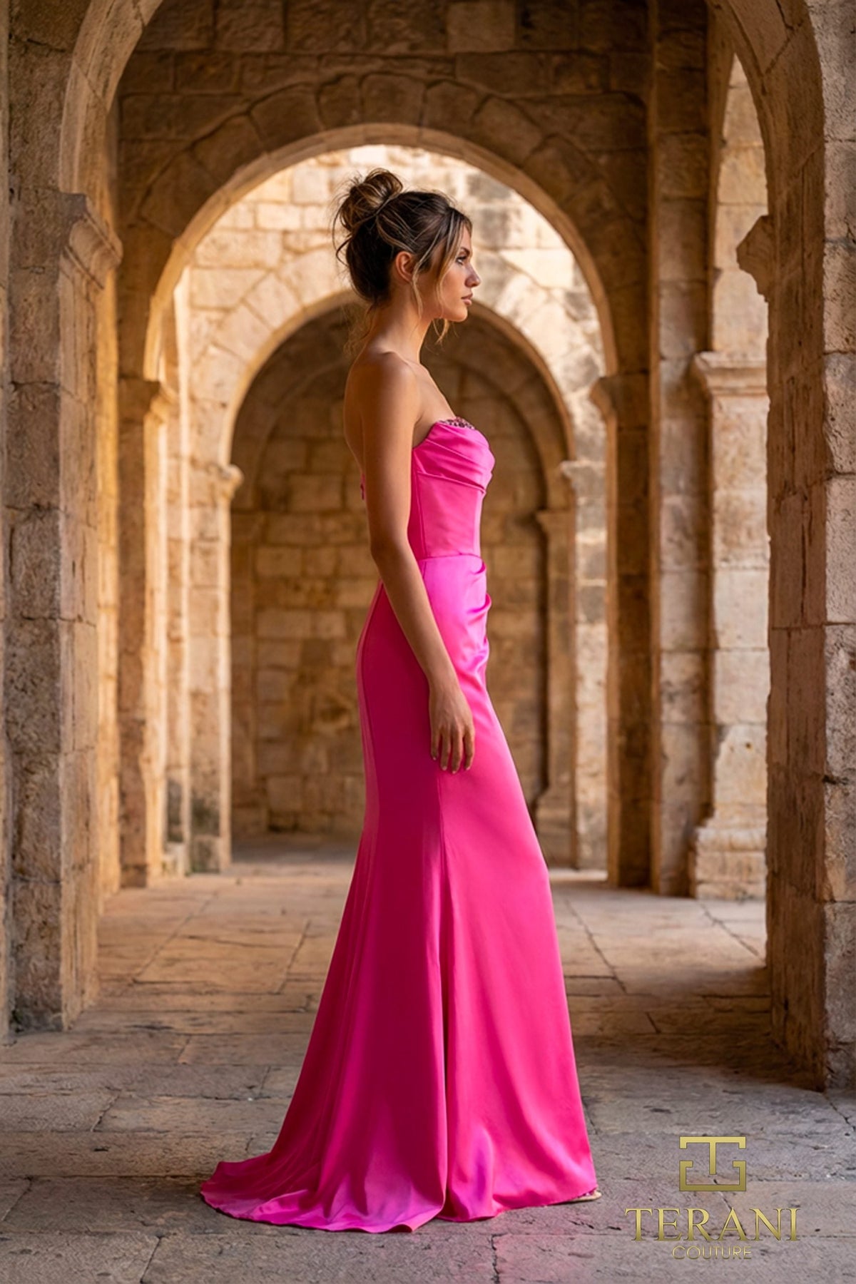 Terani Couture 261P6217 Ruched Ornate Straight Neckline Gown