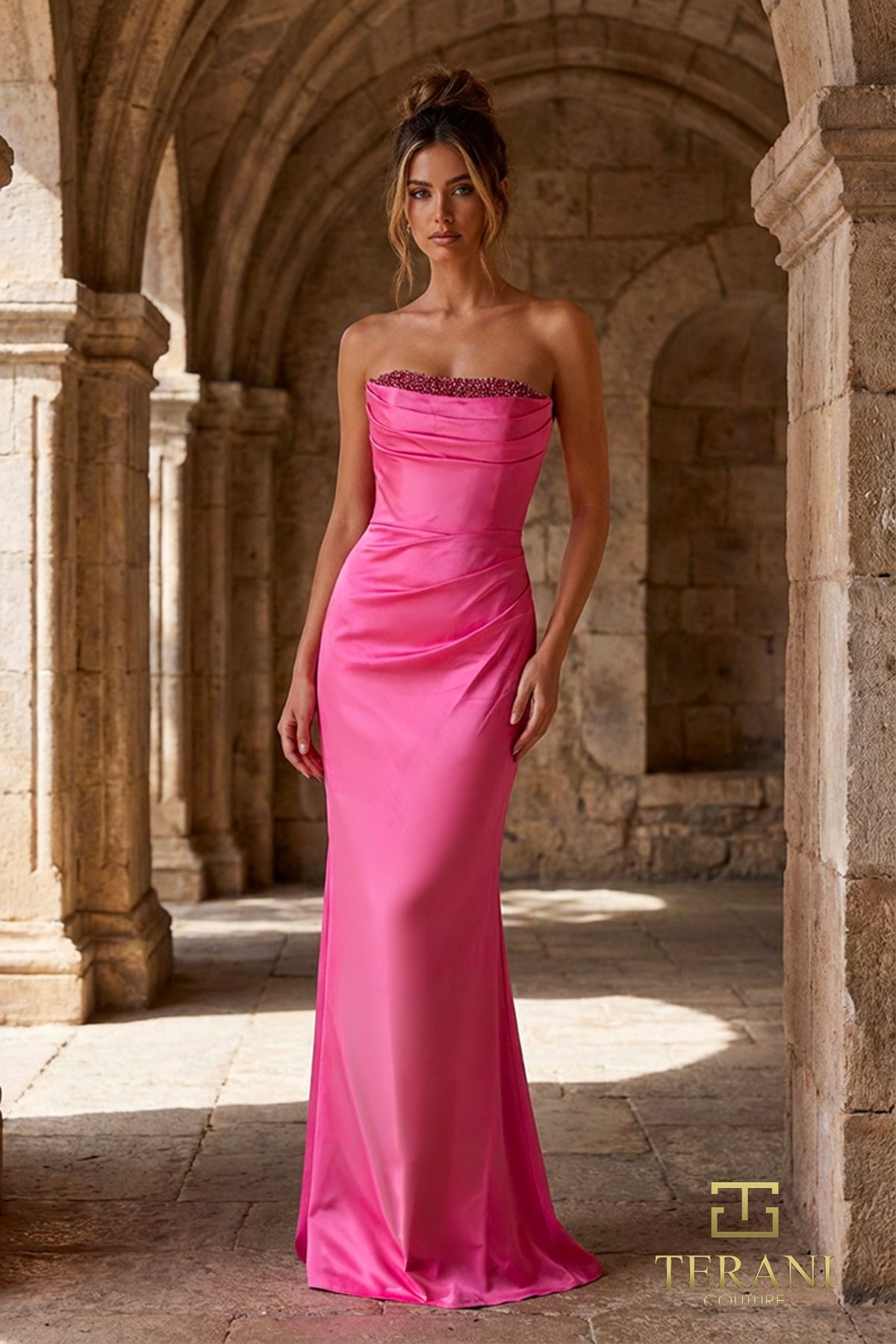 Terani Couture 261P6217 Ruched Ornate Straight Neckline Gown