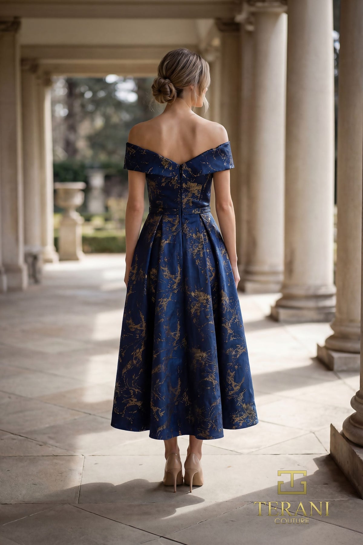 Terani Couture 261C6515 Tea-Length Pleated Jacquard Dress