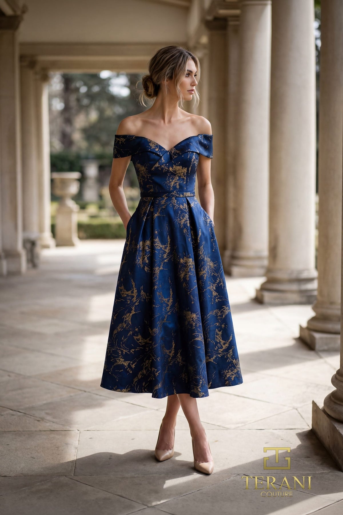 Terani Couture 261C6515 Tea-Length Pleated Jacquard Dress