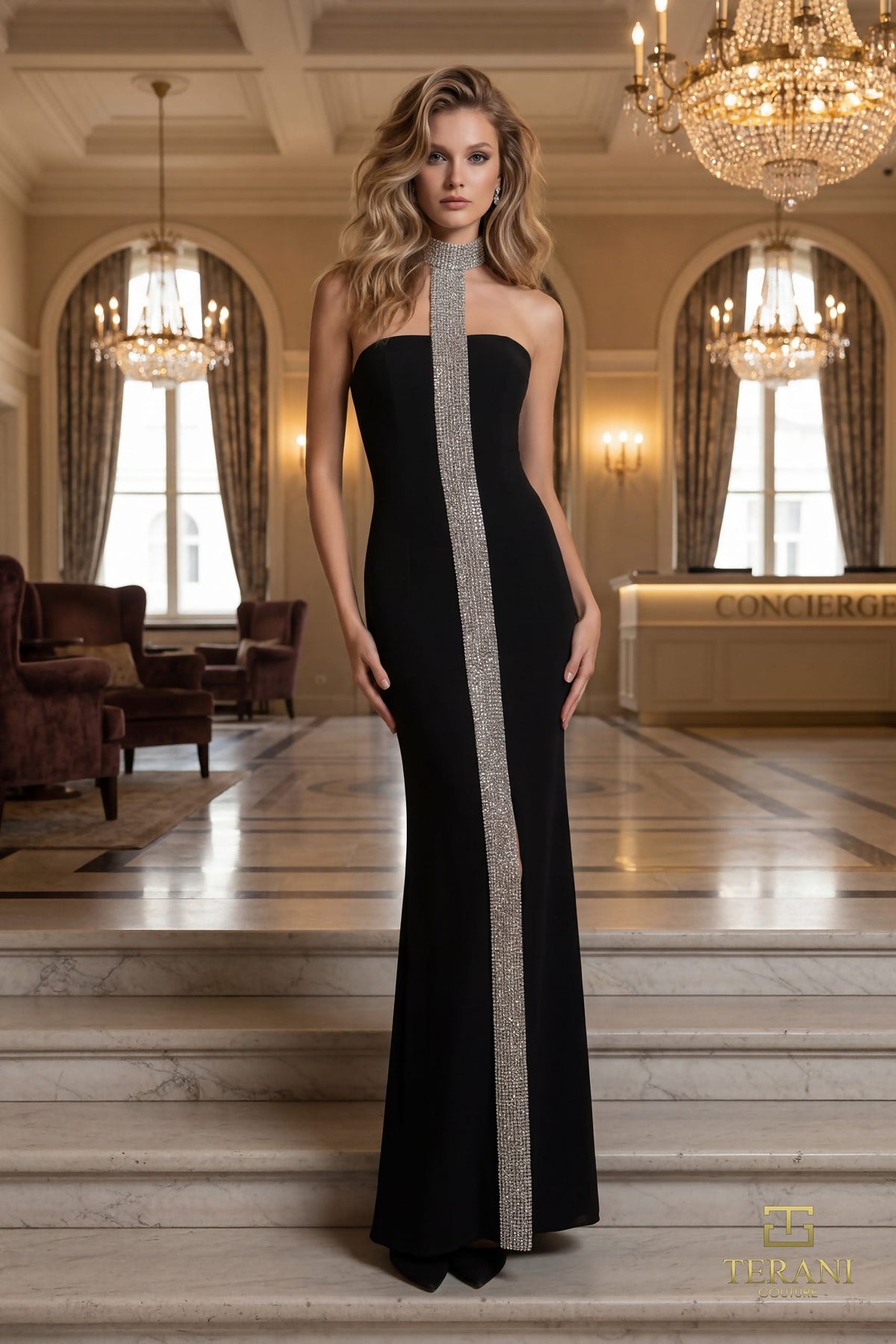 Terani Couture 261E6119 Crystal Strip Back Slit Evening Dress