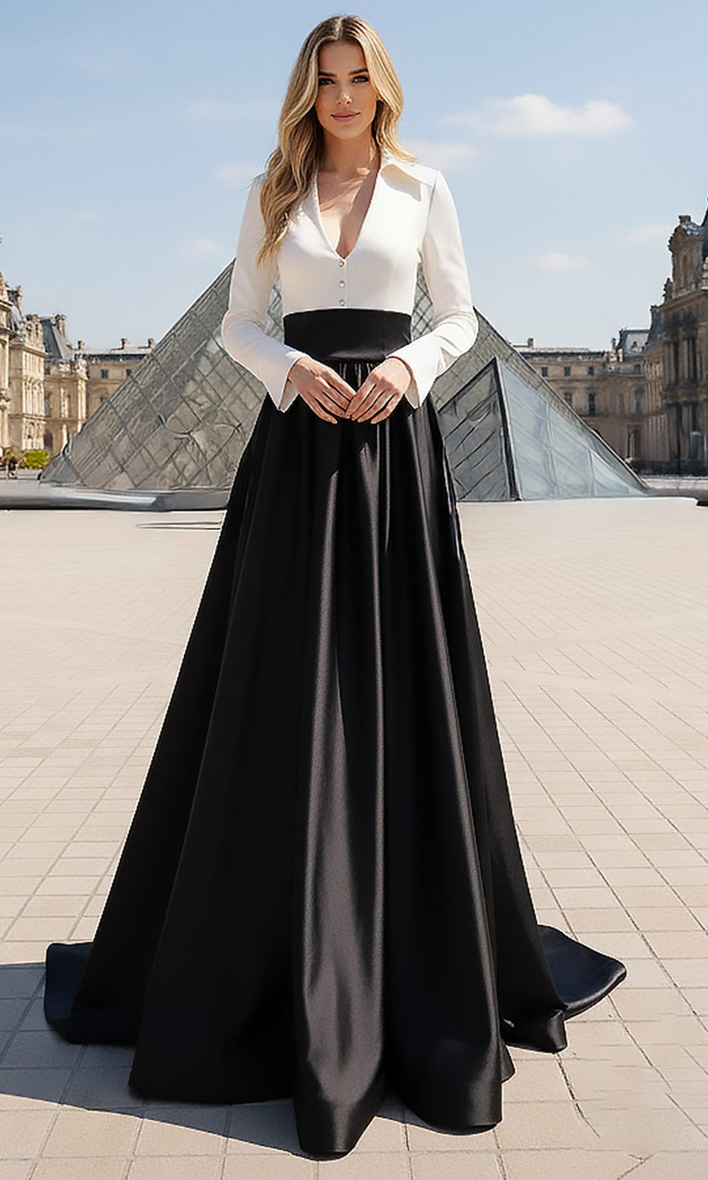 Terani Couture 261E6204 Button-Up Bodice Collared V-Neckline Dress
