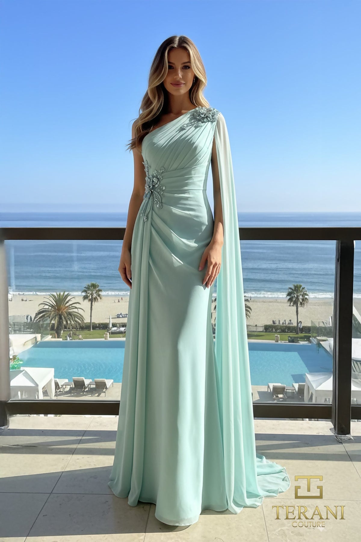 Terani Couture 261E6205 Elegant Draped Cape Gown with Slit