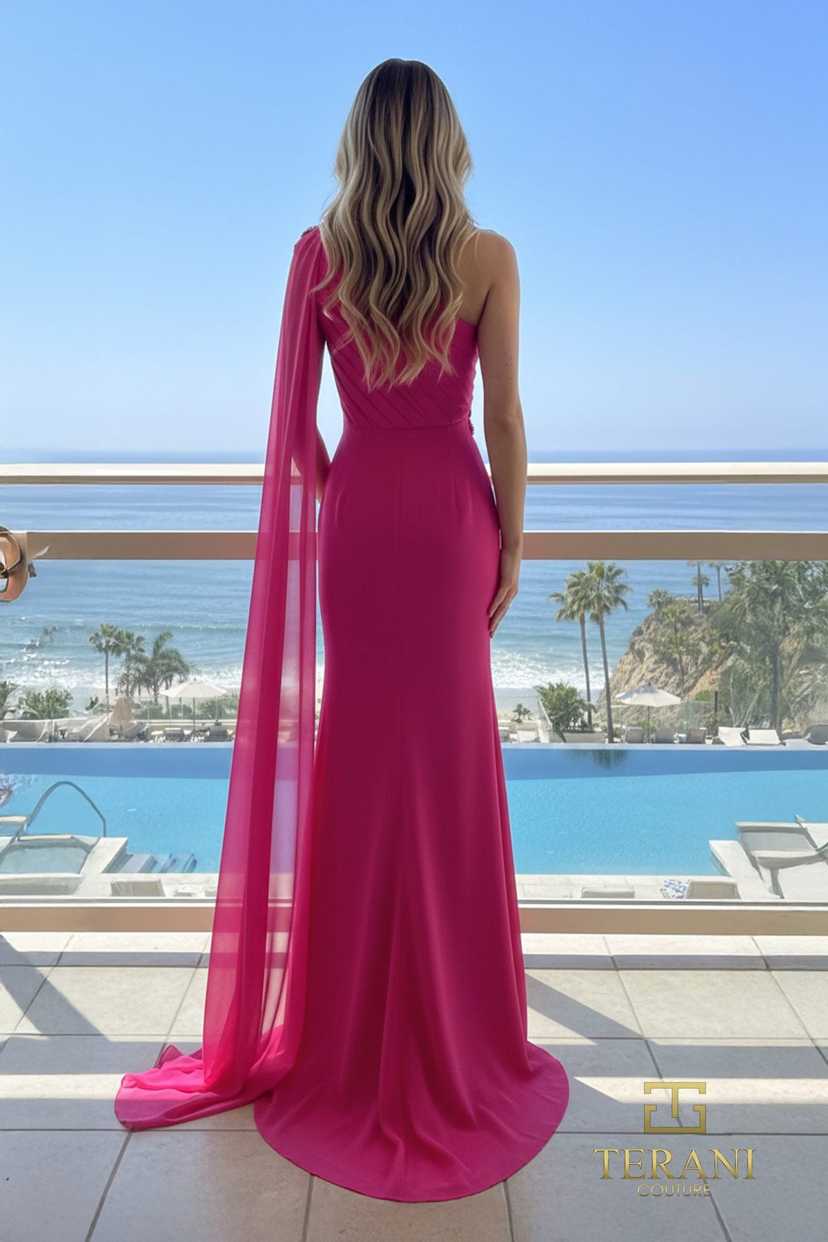 Terani Couture 261E6205 Elegant Draped Cape Gown with Slit