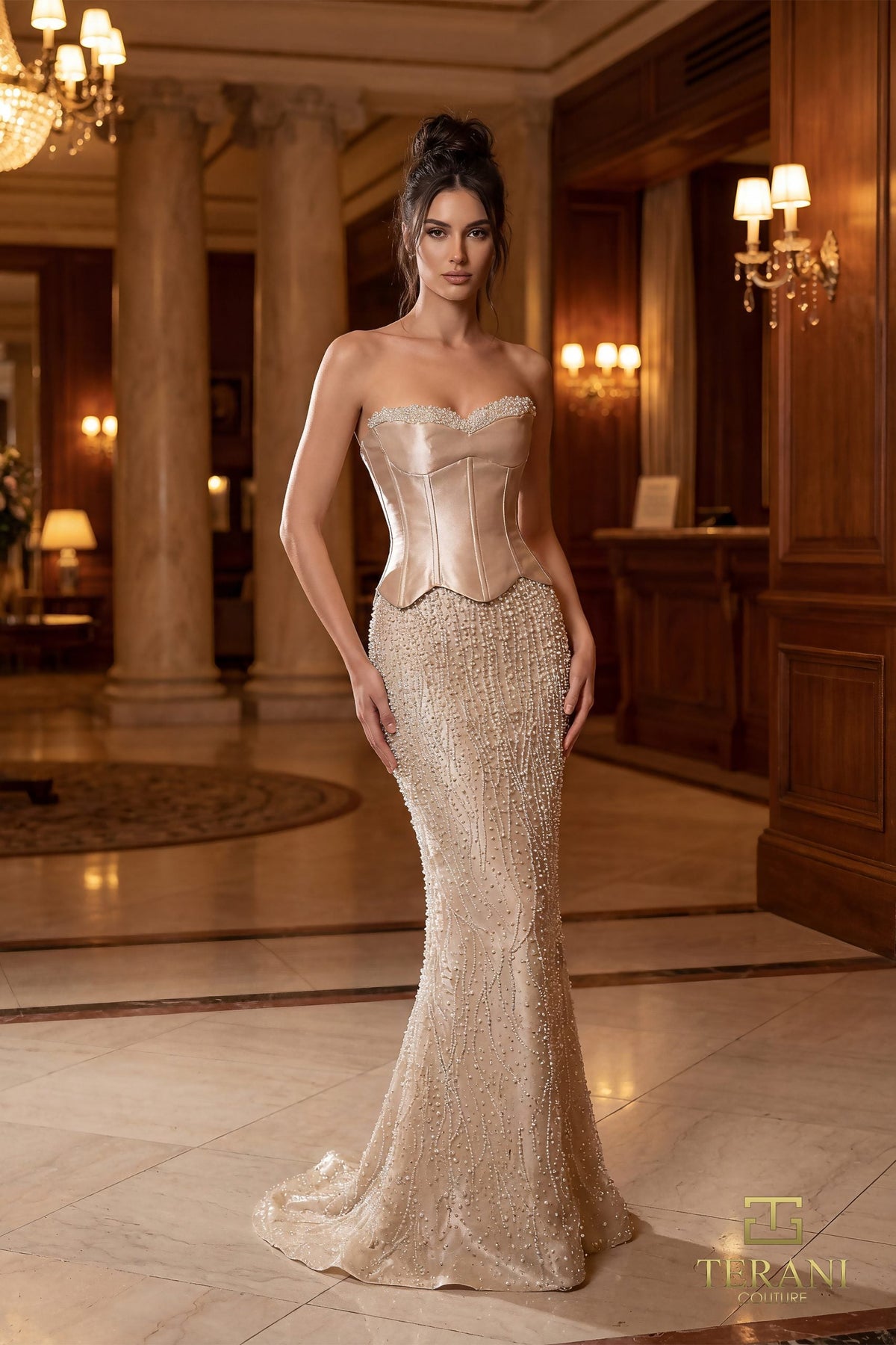 Terani Couture 261E6238 Strapless Beaded Mikado Evening Dress