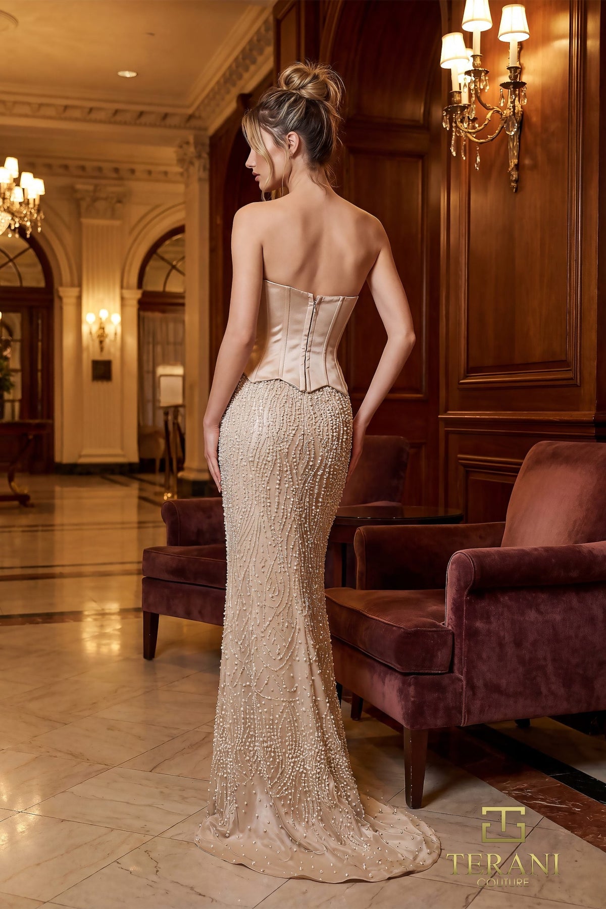 Terani Couture 261E6238 Strapless Beaded Mikado Evening Dress