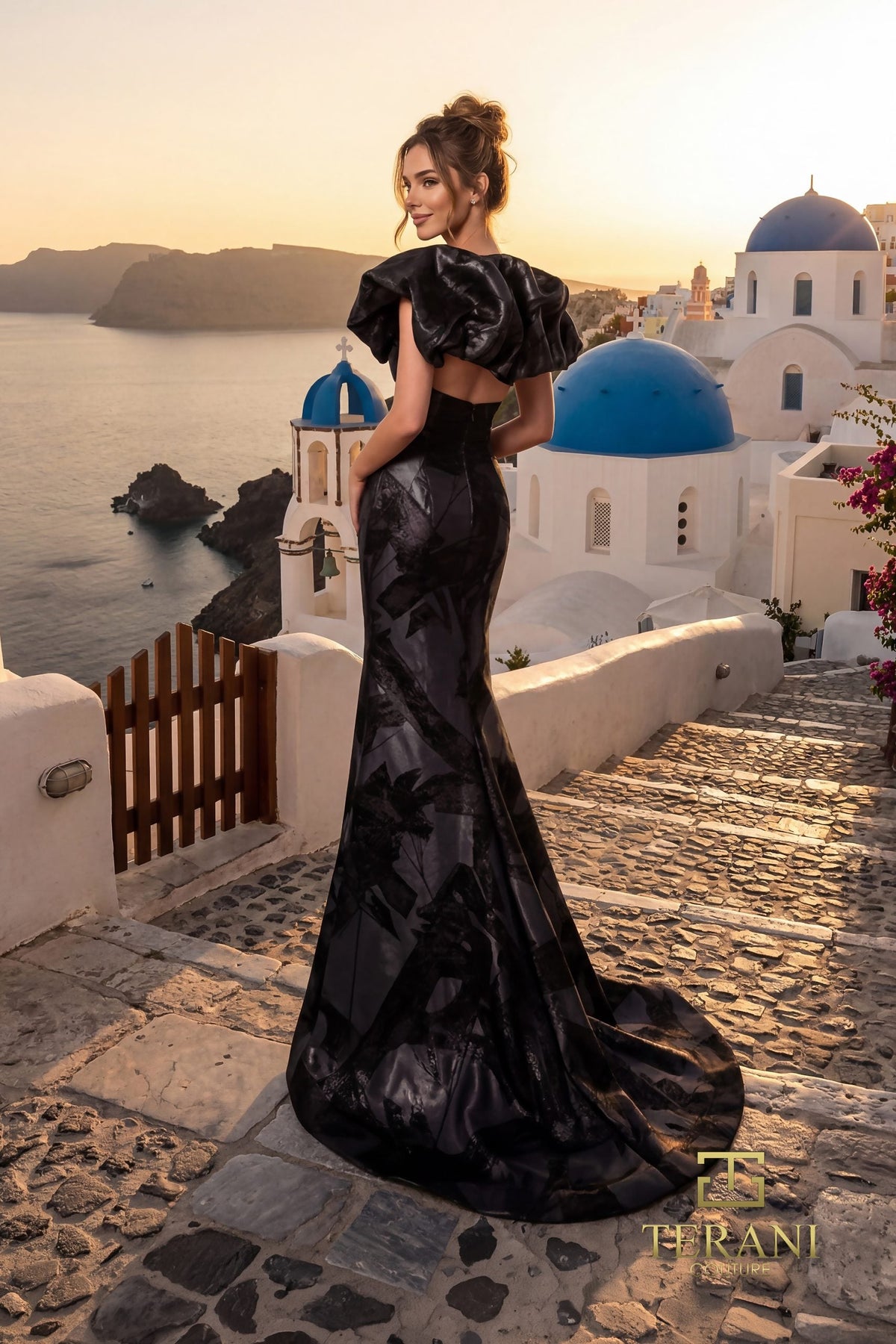 Terani Couture 261E6268 Plunging V-Neck Jacquard Fitted Dress