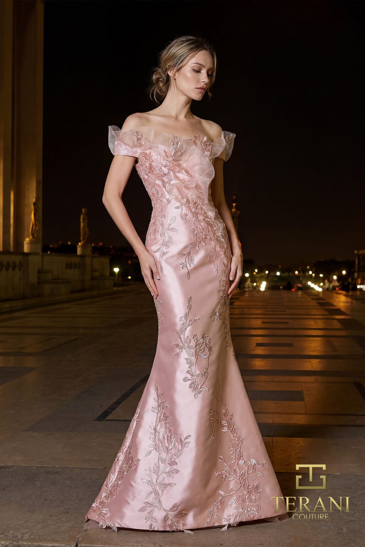Terani Couture 261E6270 - Floral Leaf Off Shoulder Evening Gown