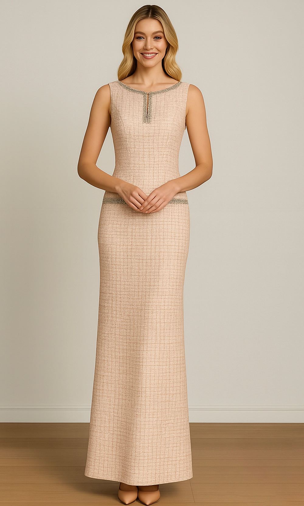 Terani Couture 261E6274 Sleeveless Embellished Tweed Gown with Slit