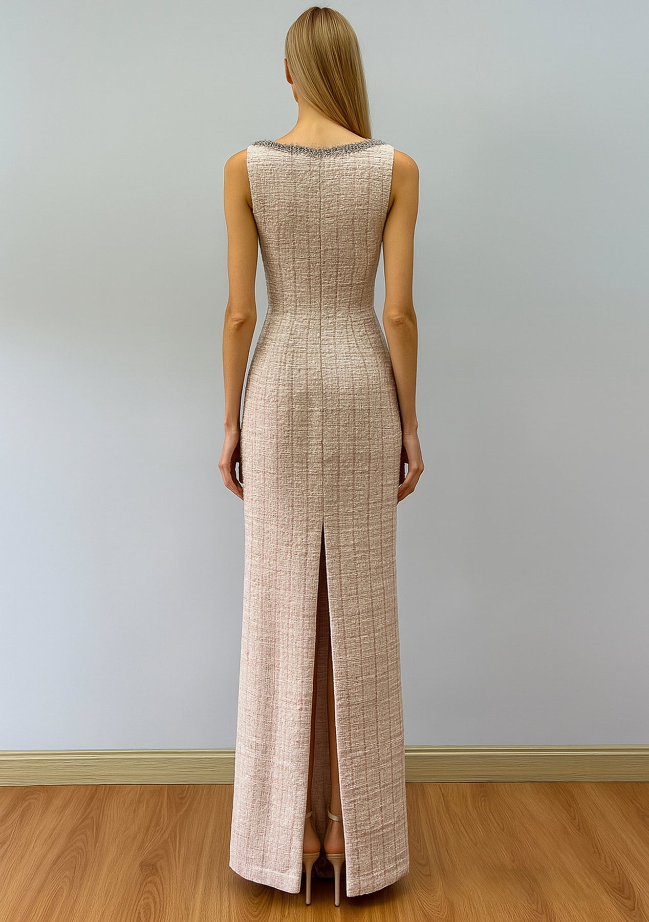 Terani Couture 261E6274 Sleeveless Embellished Tweed Gown with Slit