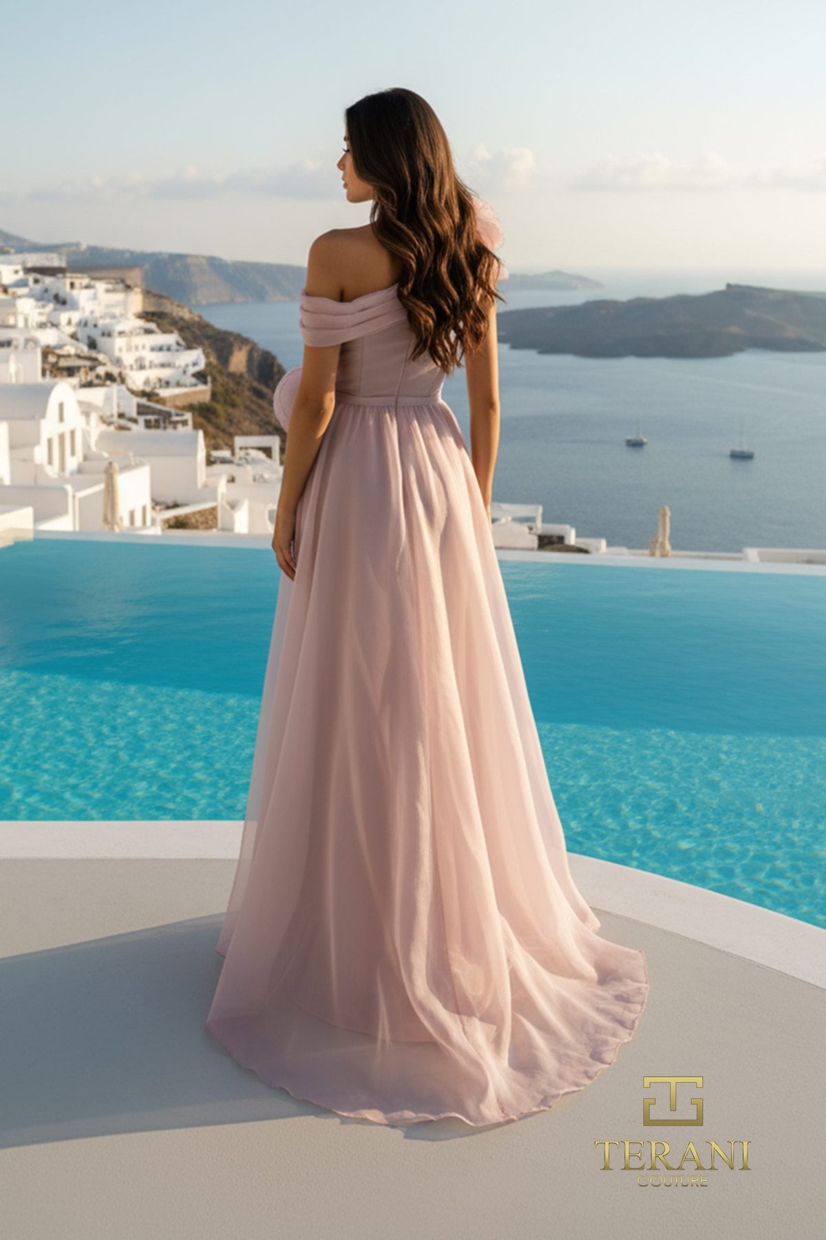 Terani Couture 261E6432 - 3D Floral Asymmetric Neck Overskirt Gown In Pink