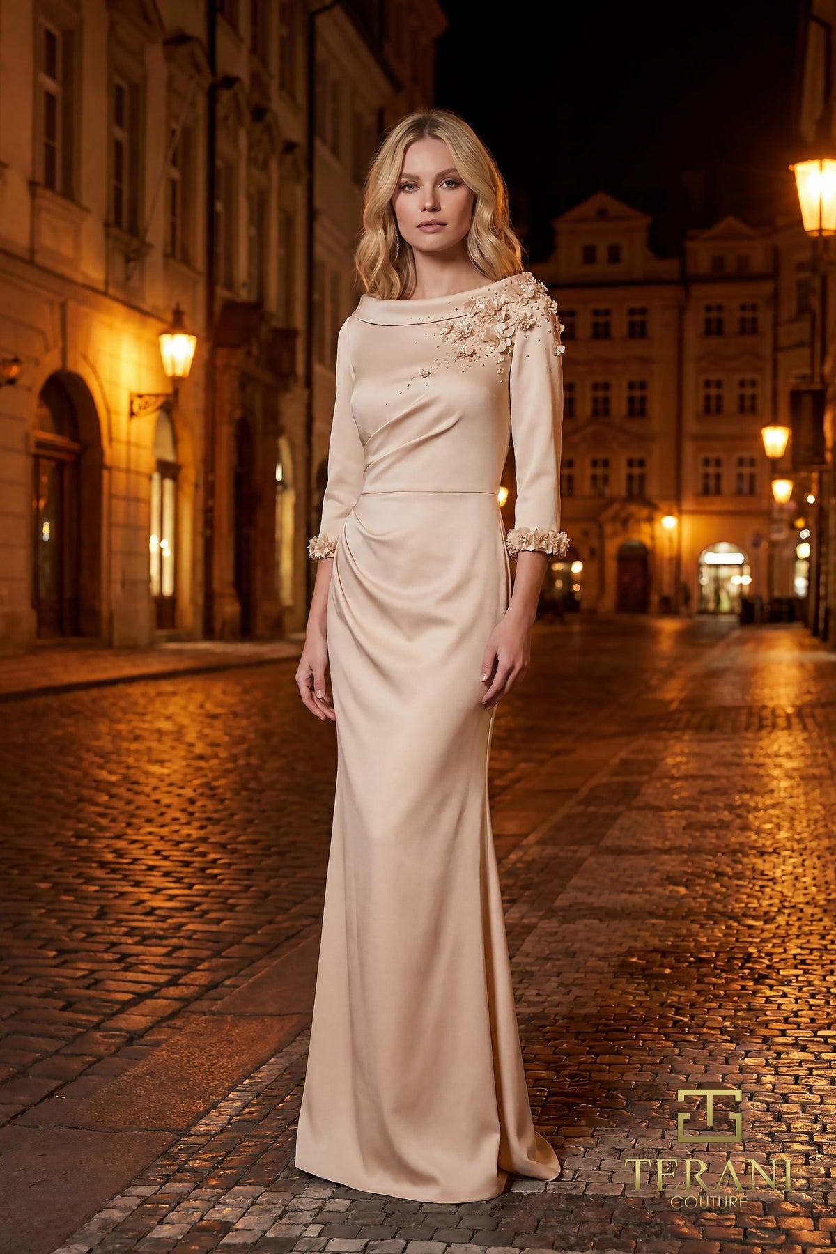 Terani Couture 261E6701 Three-Quarter Sleeve Crepe Evening Dress