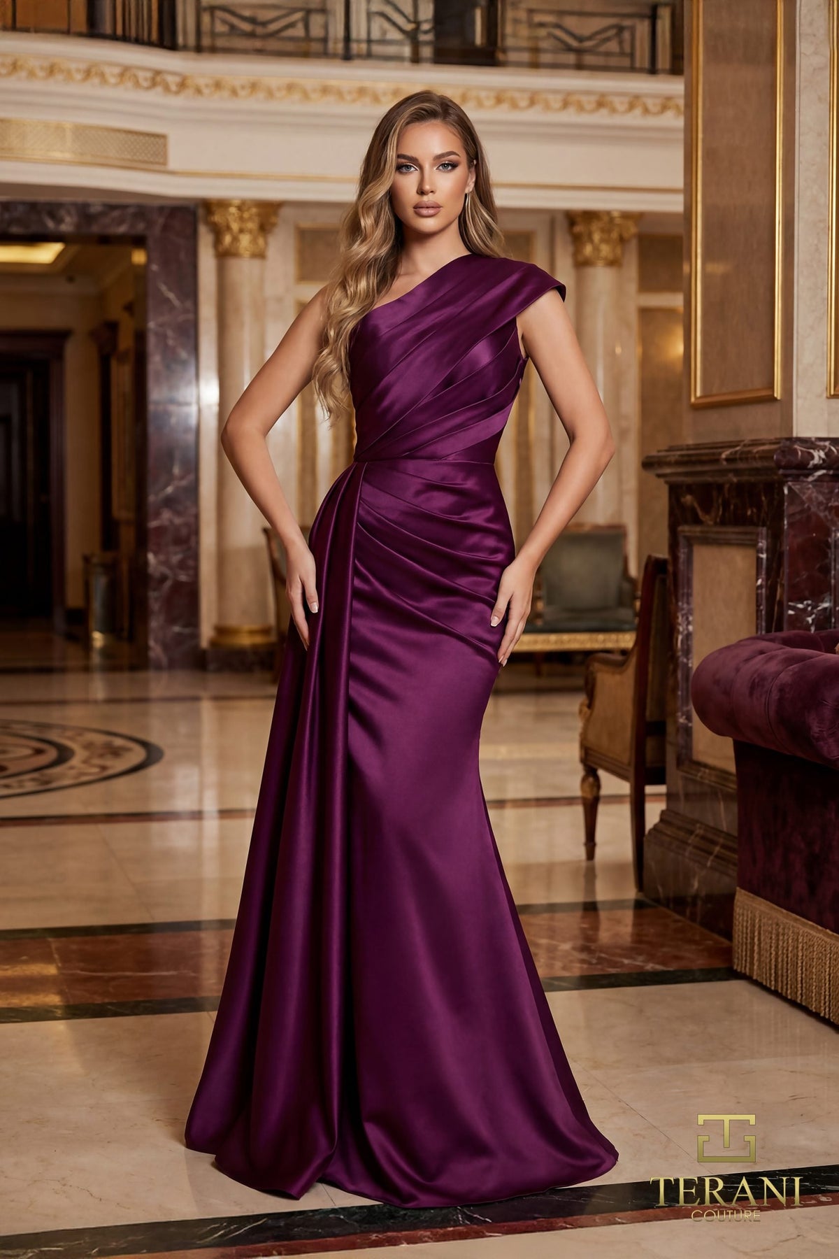 Terani Couture 261M6411 One Shoulder Long Sheath Gown
