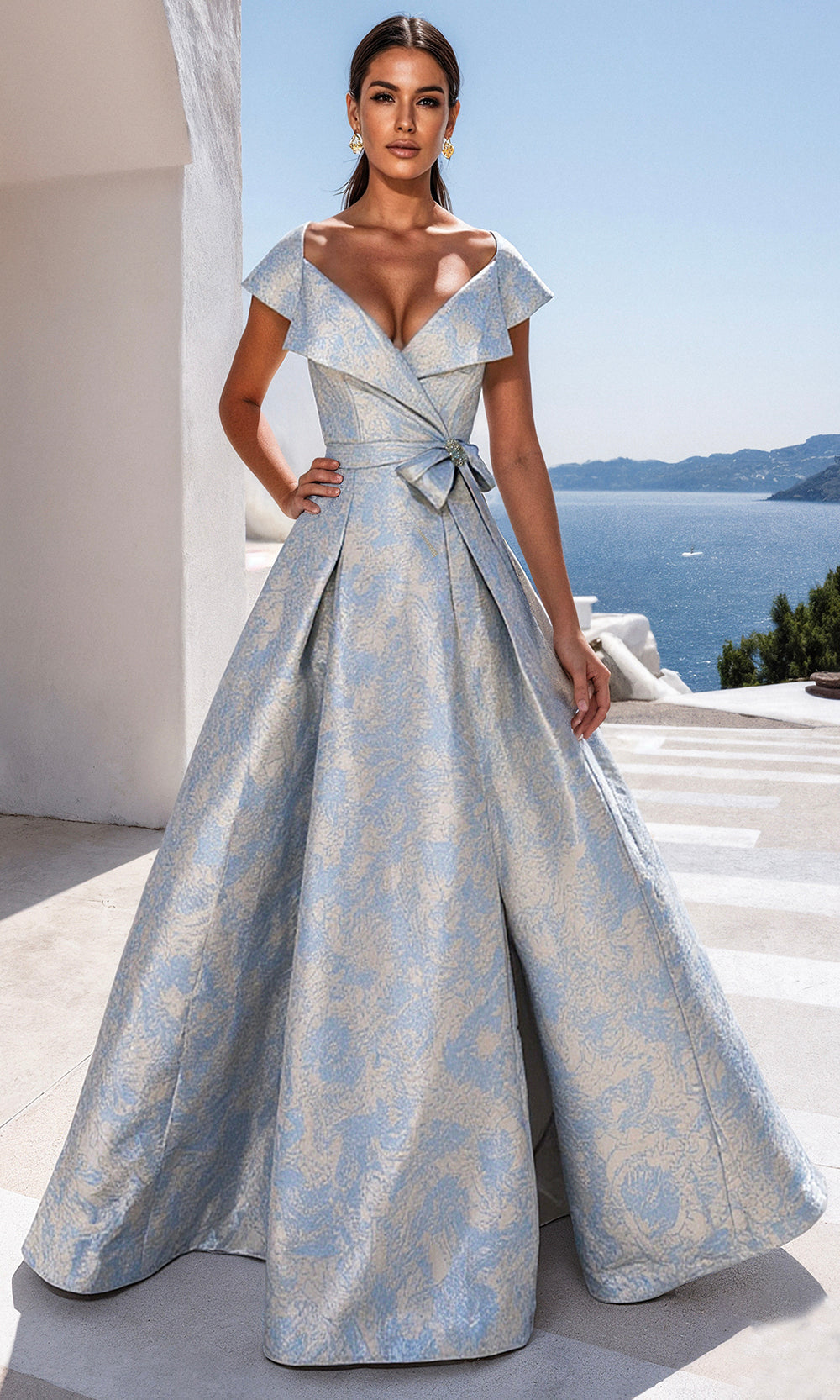 Terani Couture 261M6443 - Deep V-Neckline Jacquard Evening Gown Mother of the Bride Dresses In Bluestone
