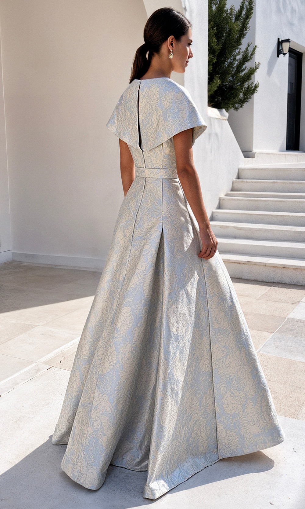 Terani Couture 261M6443 - Deep V-Neckline Jacquard Evening Gown Mother of the Bride Dresses In Bluestone