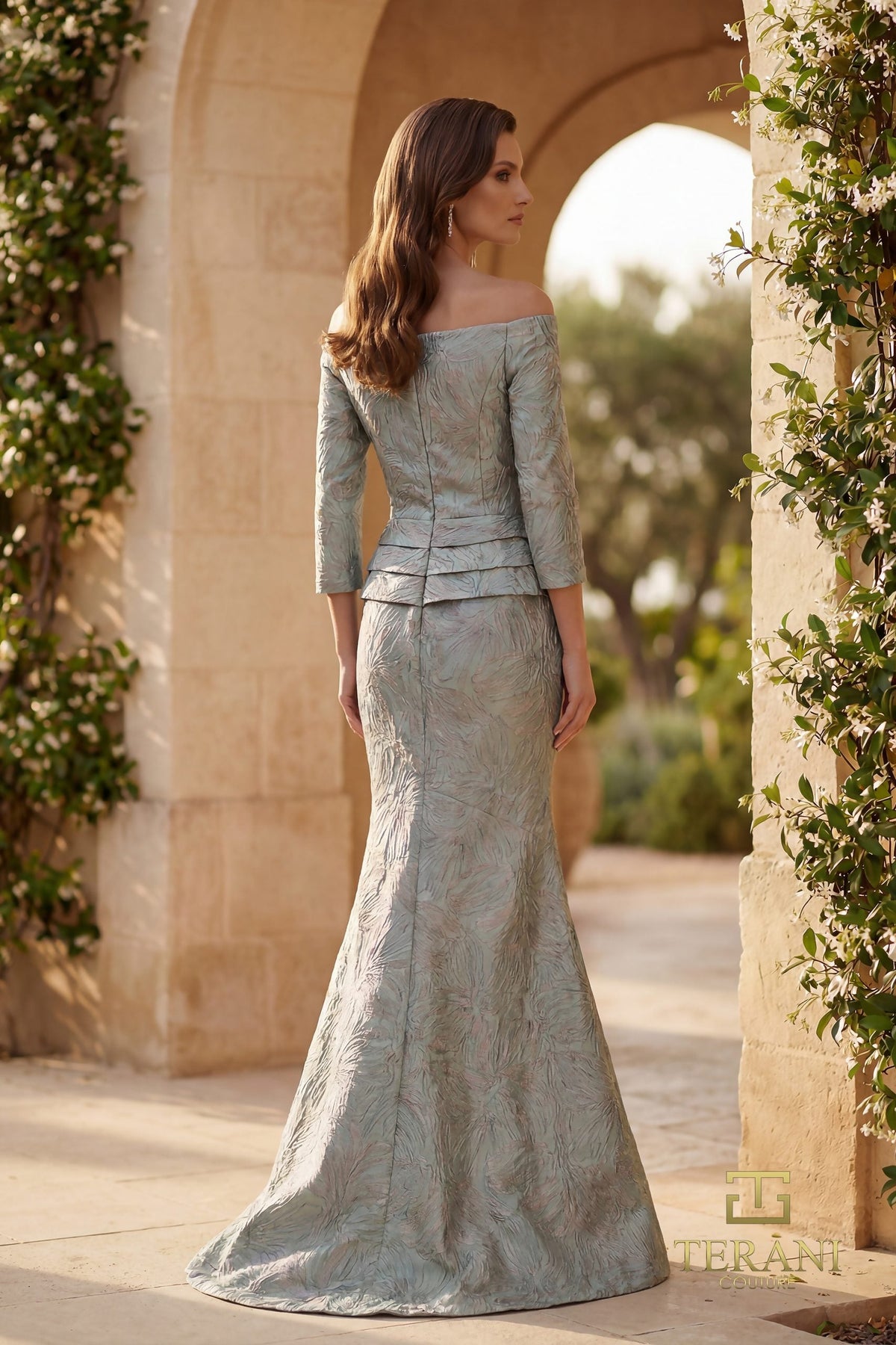 Terani Couture 261M6448 Long Sleeve Jacquard Trumpet Dress