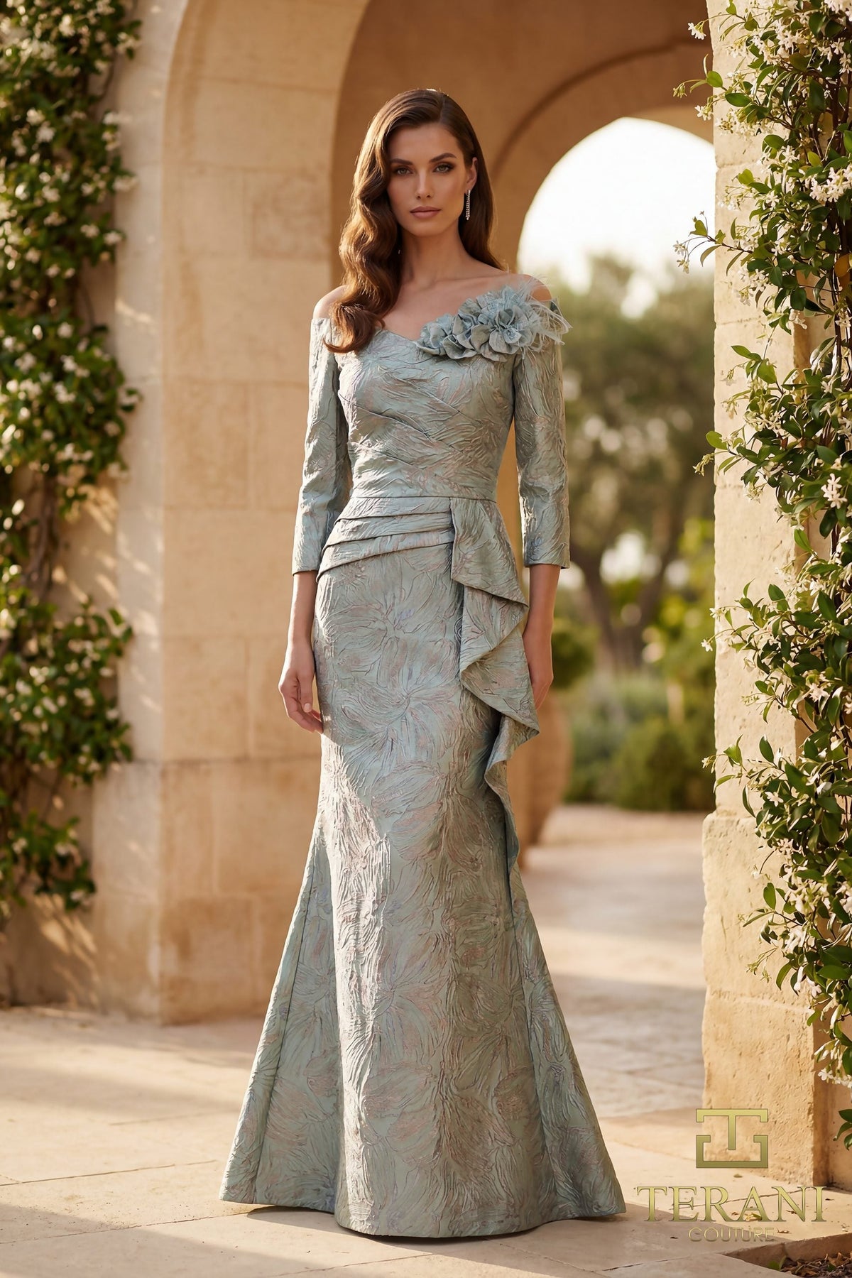 Terani Couture 261M6448 Long Sleeve Jacquard Trumpet Dress