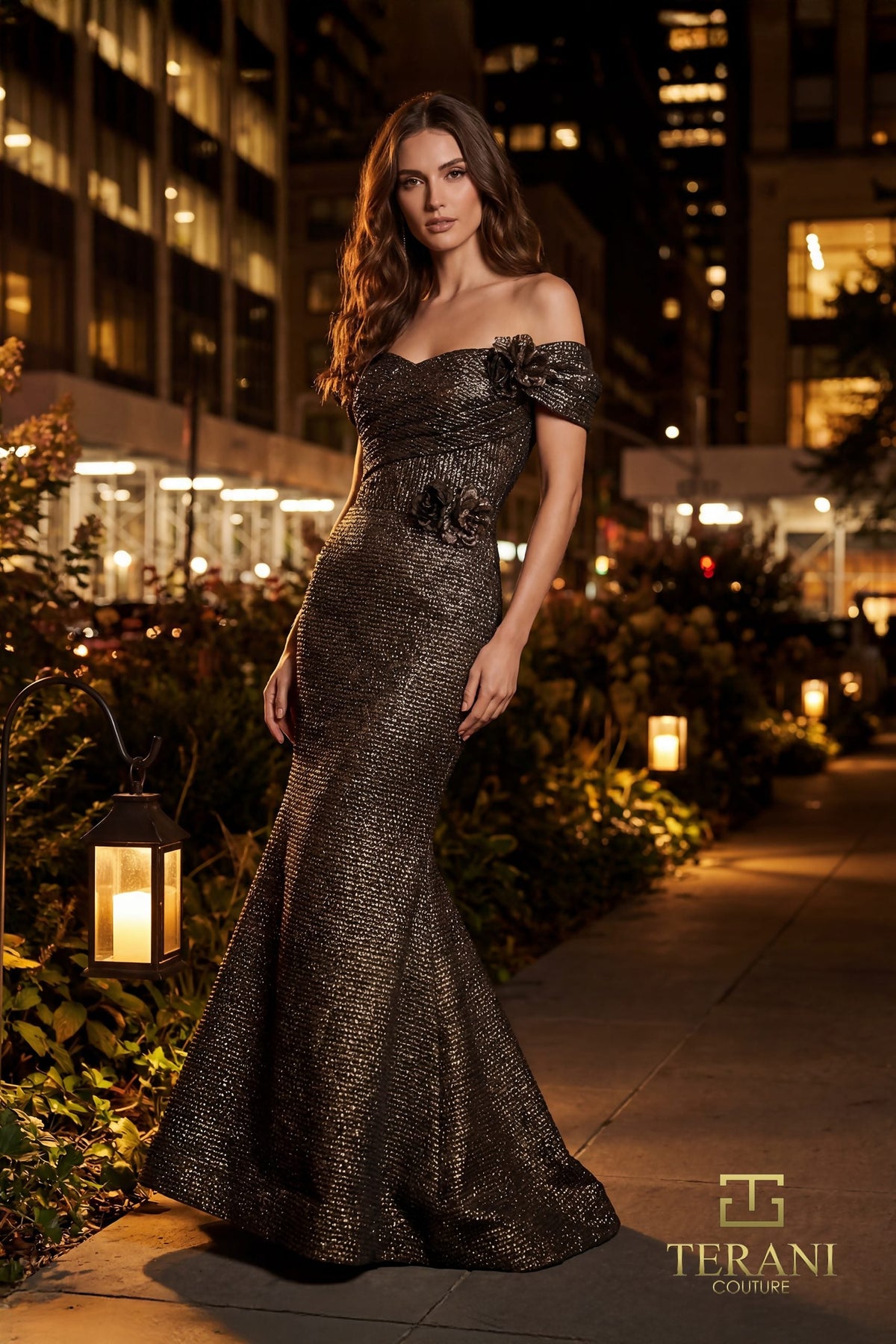 Terani Couture 261M6449 Off Shoulder Floral Accent Evening Dress