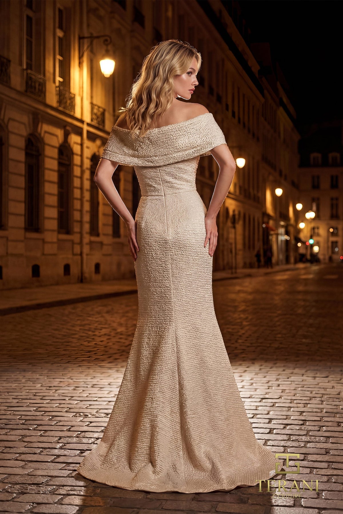 Terani Couture 261M6449 Off Shoulder Floral Accent Evening Dress