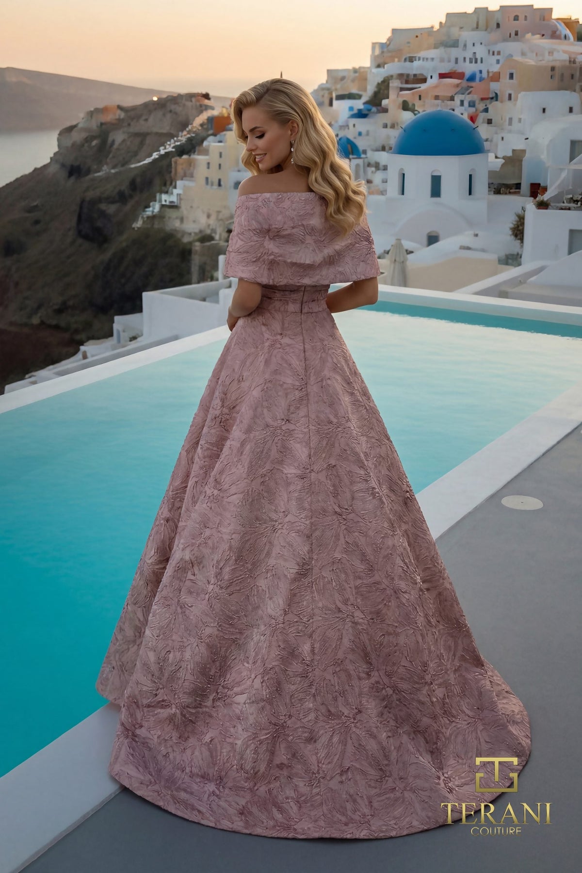 Terani Couture 261M6453 Off Shoulder Jacquard Gown with Beaded Brooch