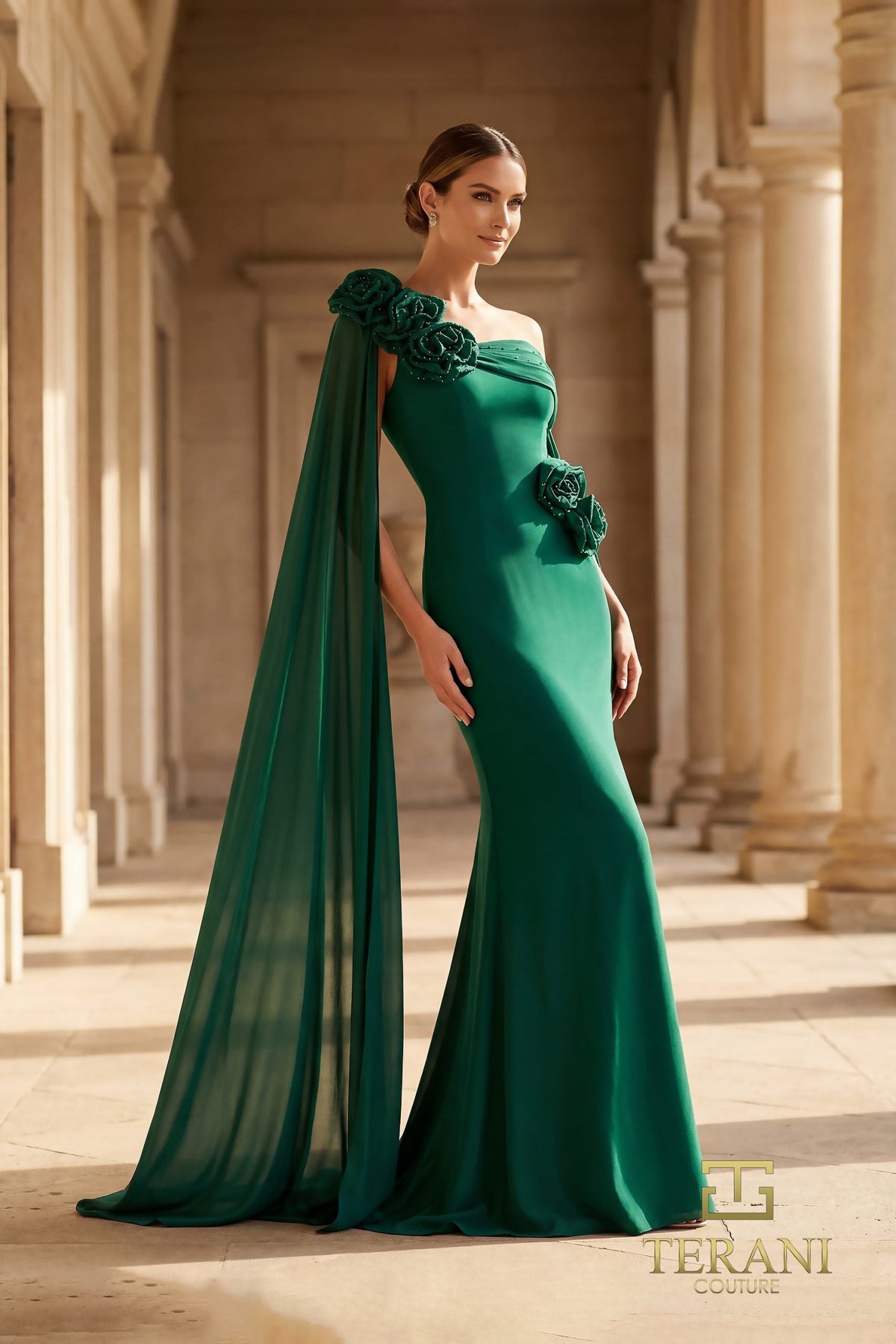 Terani Couture 261M6474 Asymmetric Neck 2 Way Stretch Dress with Floral