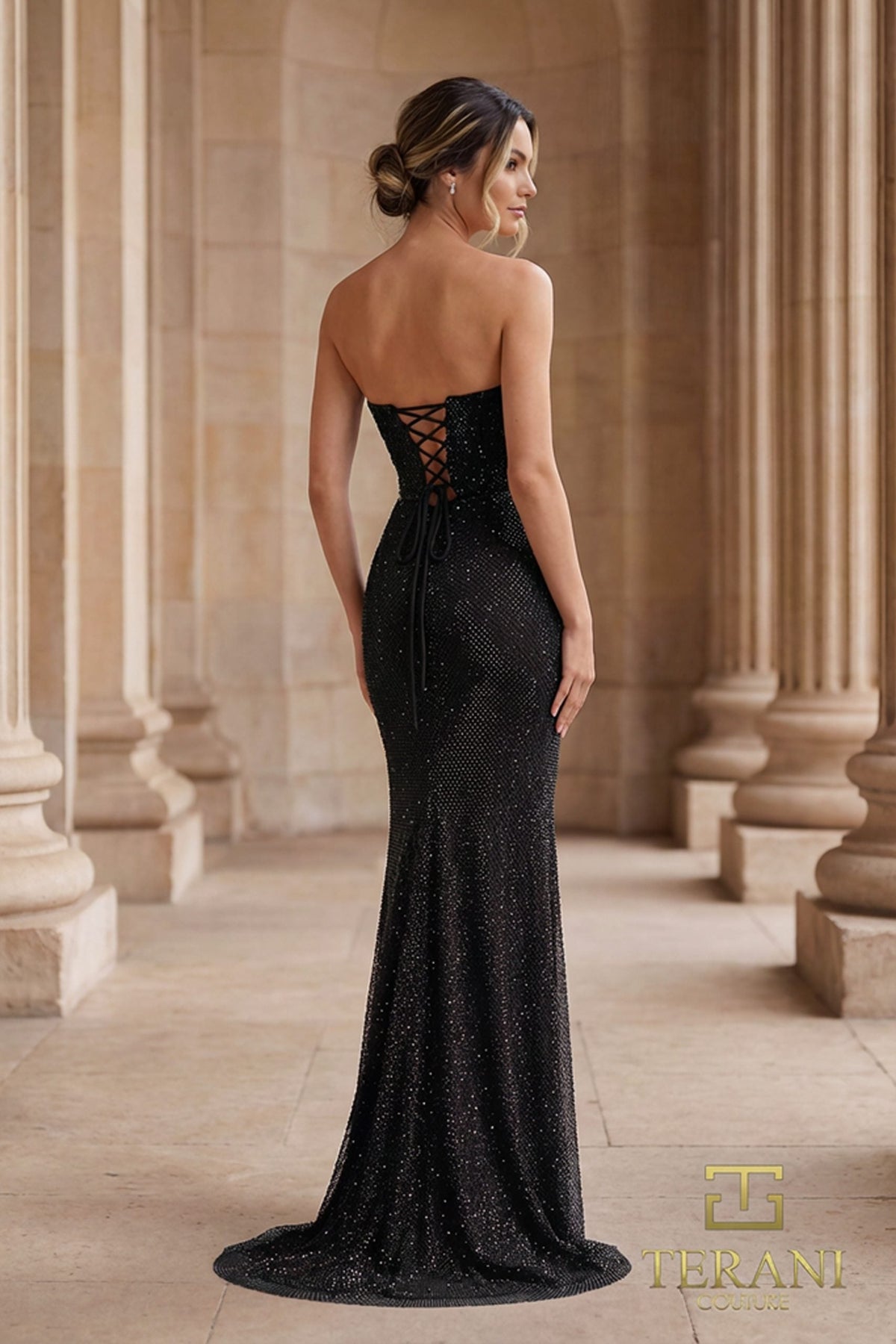 Terani Couture 261P6187 Strapless Basque Waist Fishnet Dress