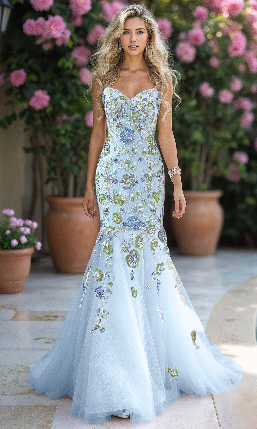 Terani Couture 261P6193 - Strapless Floral Embroidered Mermaid Dress In Blue