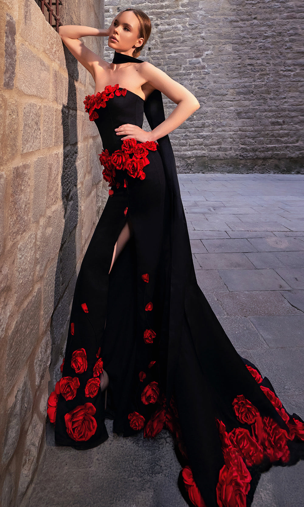 Terani Couture 261P6623 - Strapless Floral Applique Mikado Gown In Black Red