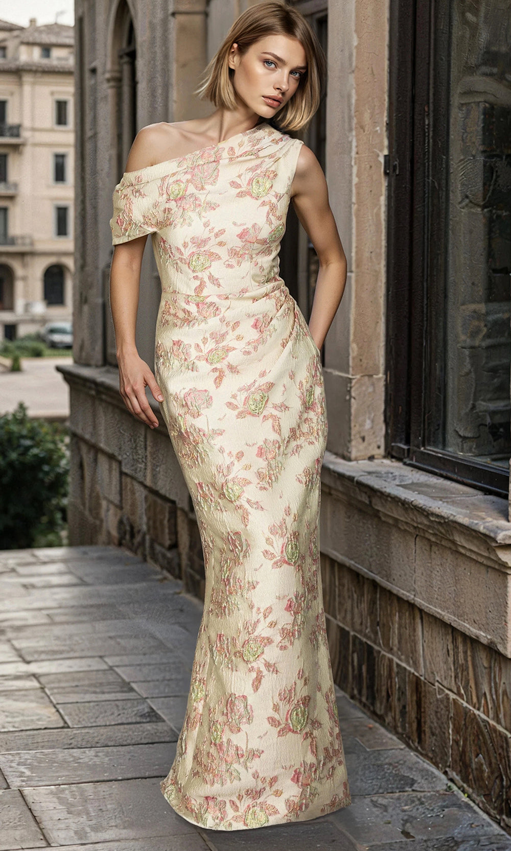 Janique 26206 - Elegant Floral Scoop Column Gown Mother of the Bride Dresses