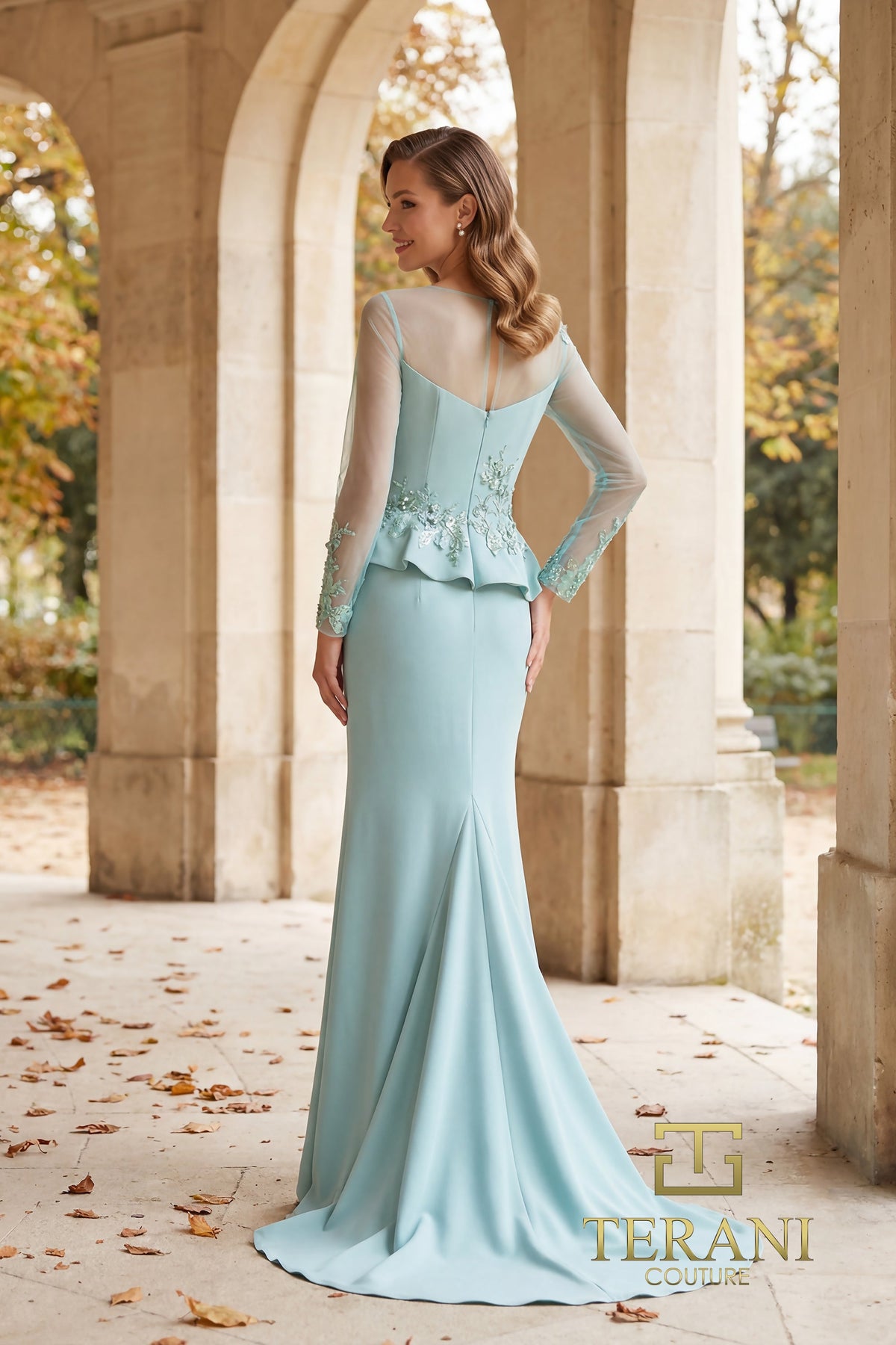 Terani Couture 262M7257 - Illusion Bateau Floral Applique Formal Gown In Green