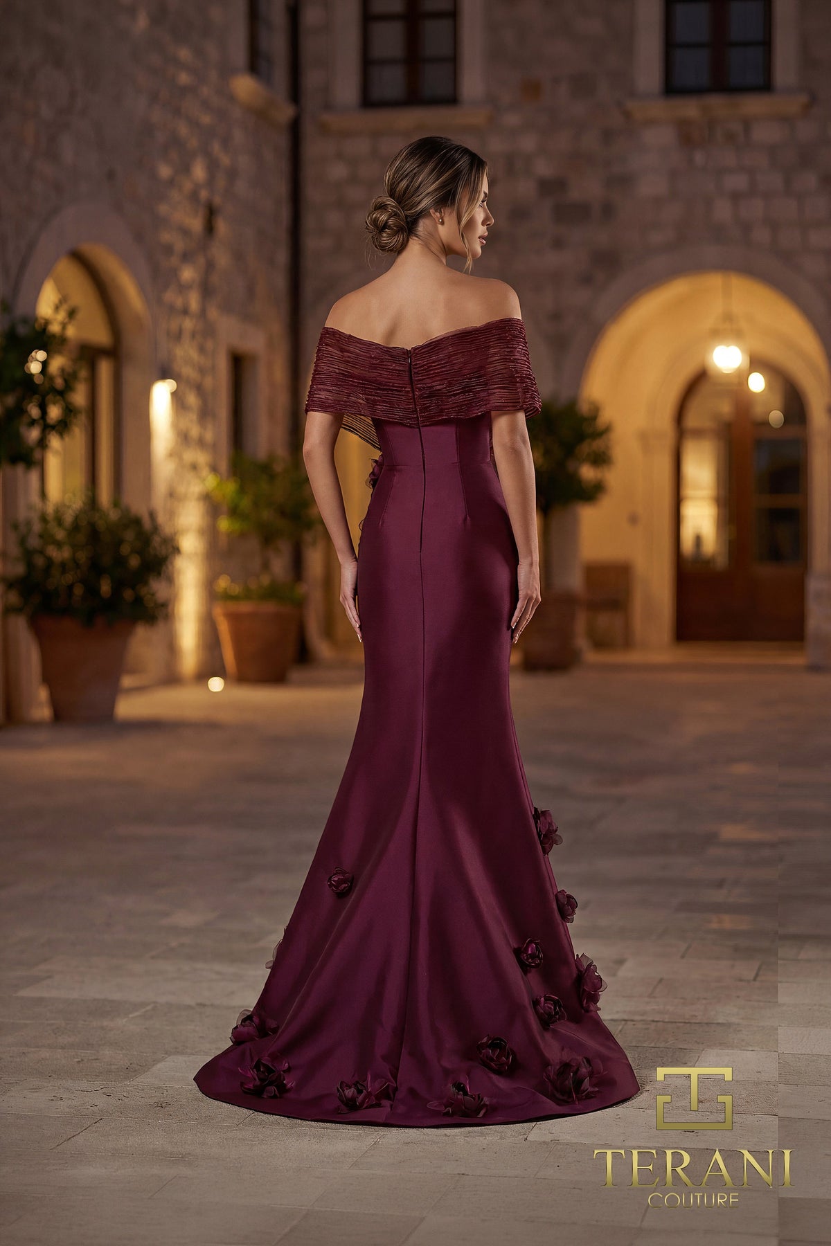 Terani Couture 262E7070 - Floral Embellished Pleated Off Shoulder Gown In Red