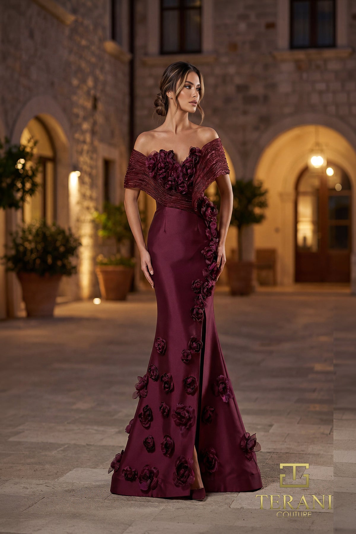 Terani Couture 262E7070 - Floral Embellished Pleated Off Shoulder Gown In Red