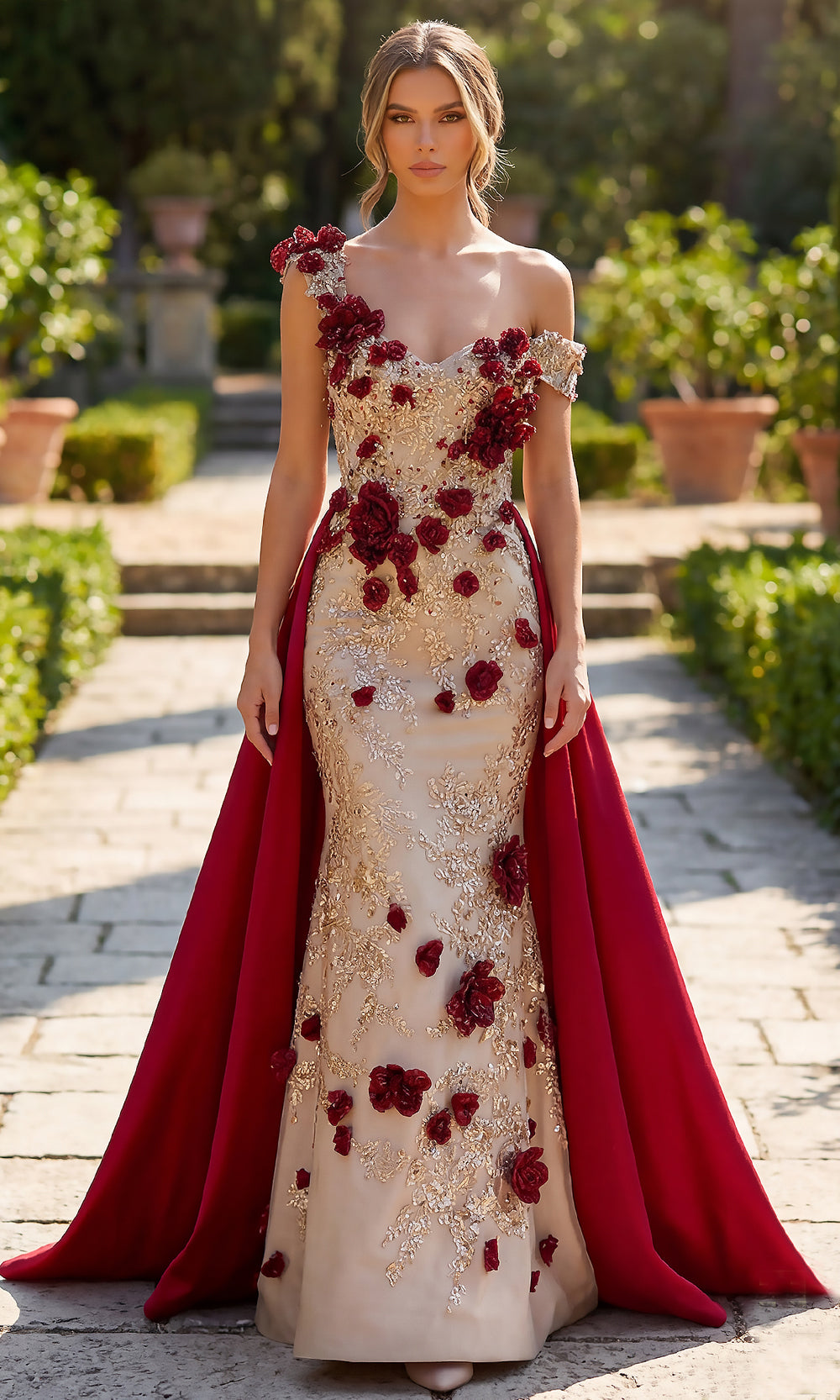 Terani Couture 262E7097 - Gold Embroidered Asymmetric Gown with Overskirt