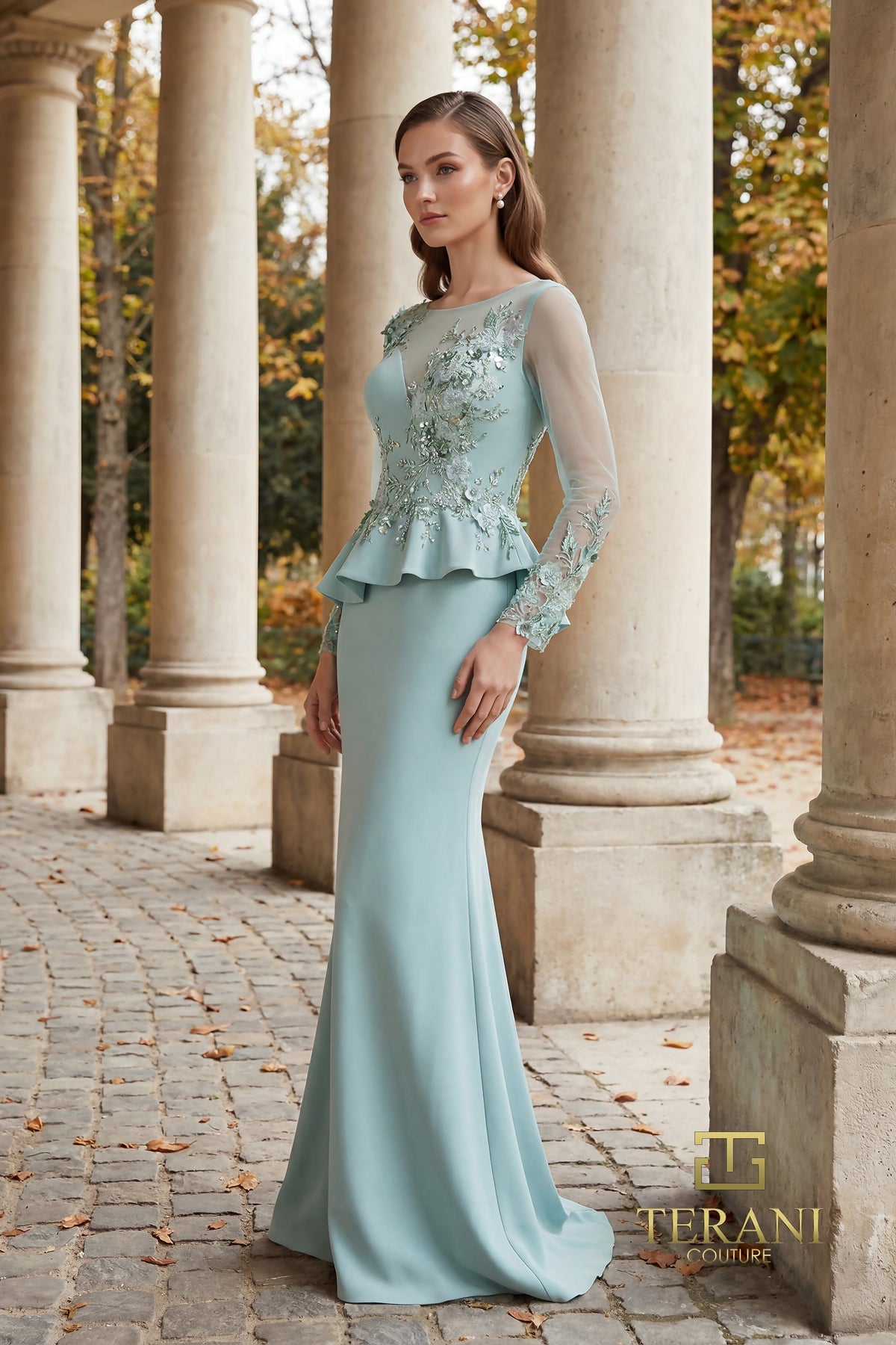 Terani Couture 262M7257 - Illusion Bateau Floral Applique Formal Gown In Green