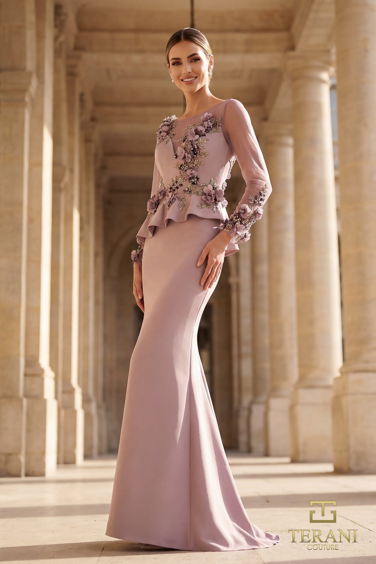Terani Couture 262M7257 - Illusion Bateau Floral Applique Formal Gown In Purple
