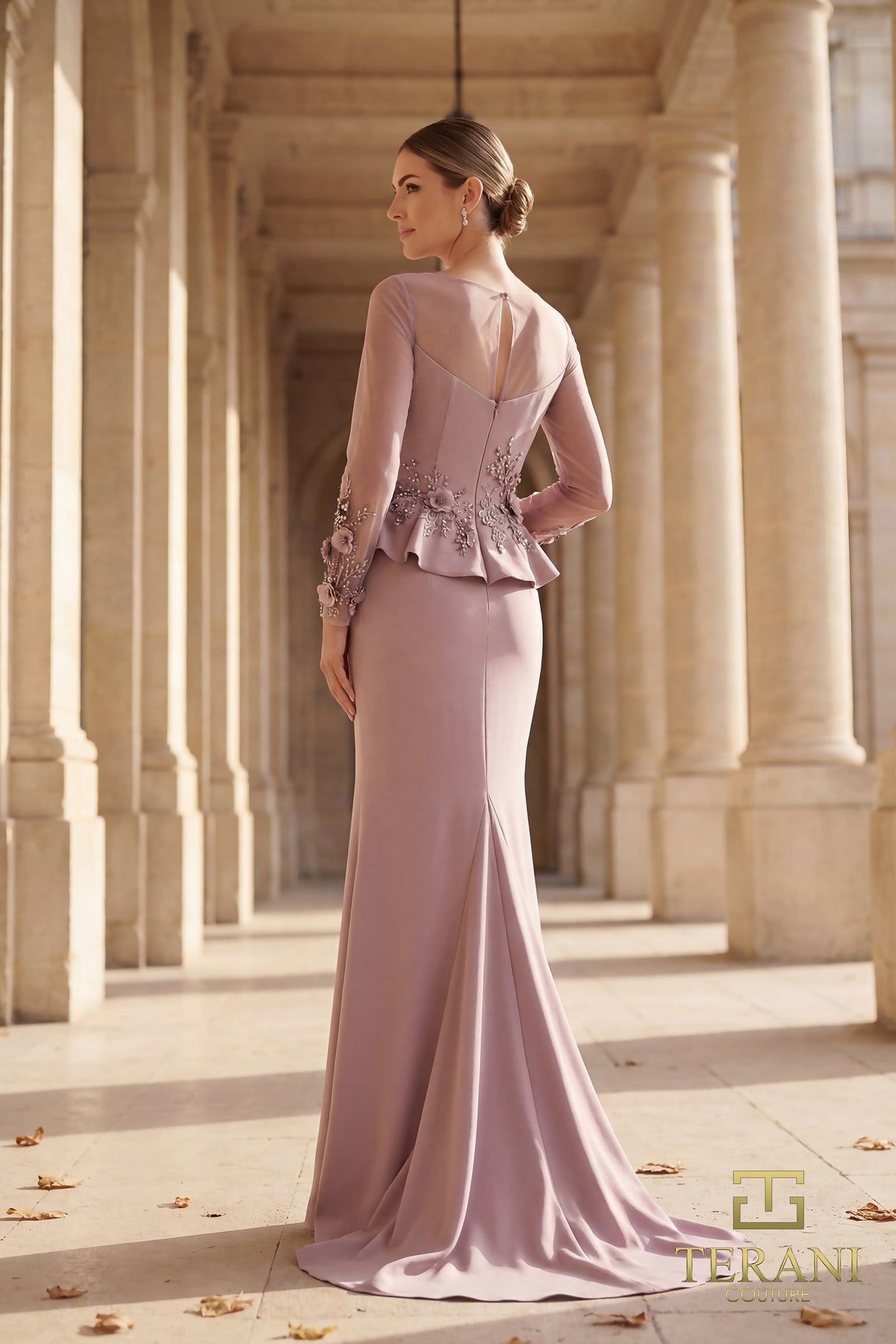 Terani Couture 262M7257 - Illusion Bateau Floral Applique Formal Gown In Purple