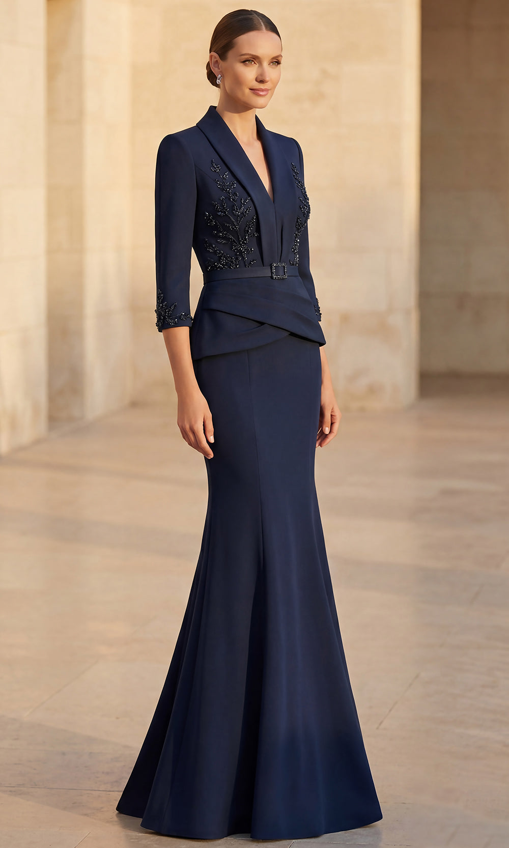 Terani Couture 262M7263 - Belted Plunging V-Neck Formal Gown