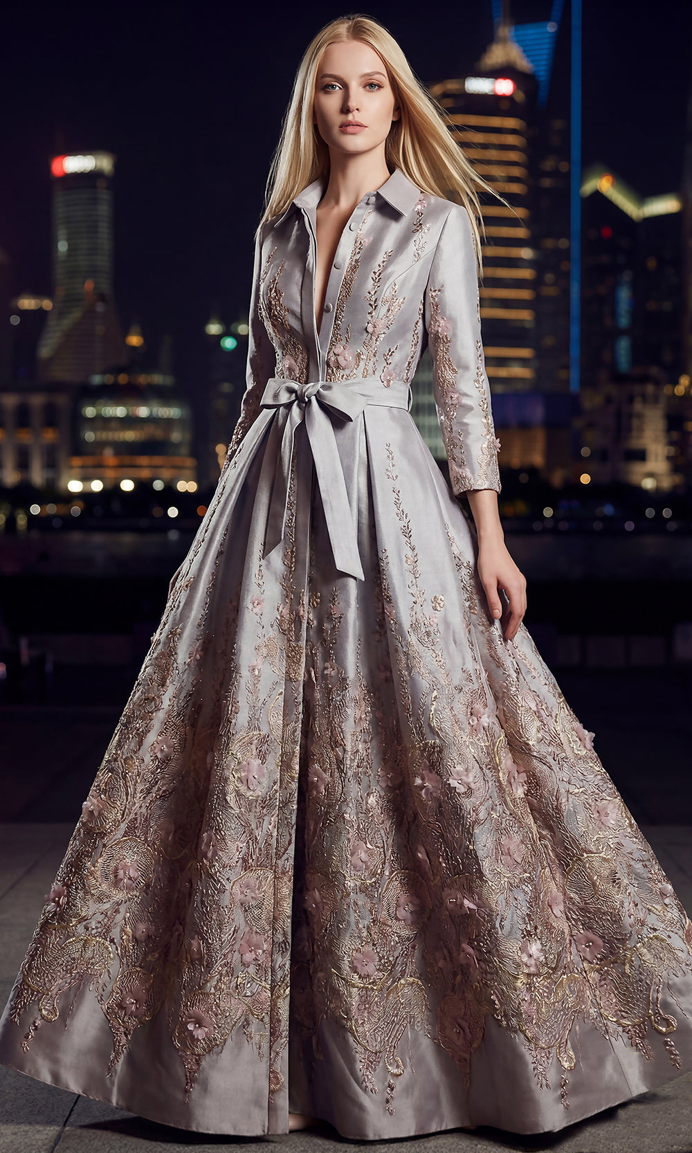 Terani Couture 262M7269 - Three-Quarter Sleeve Floral Accent Long Gown