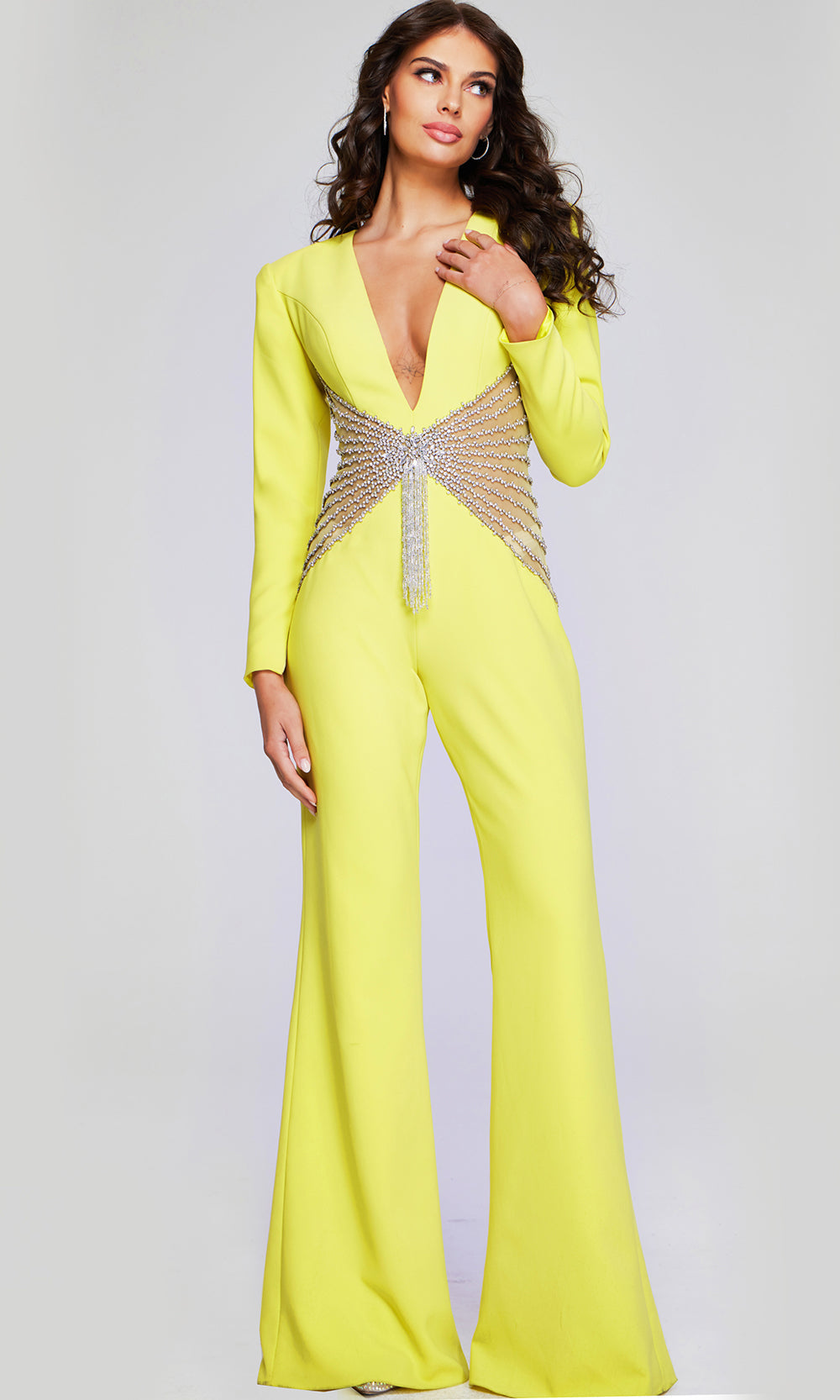Jovani 26318 - Beaded Illusion Waist V-Neck Jumpsuit Special Occasion Dress In Yellow