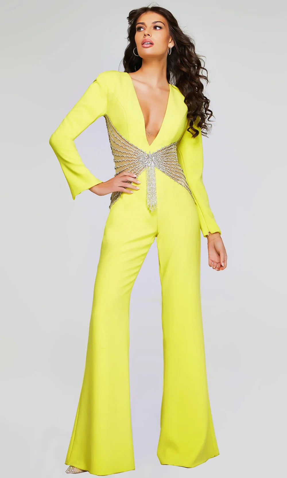 Jovani 26318 - Embellished V-Neck Flared Jumpsuit Formal Pantsuits  in Yellow  